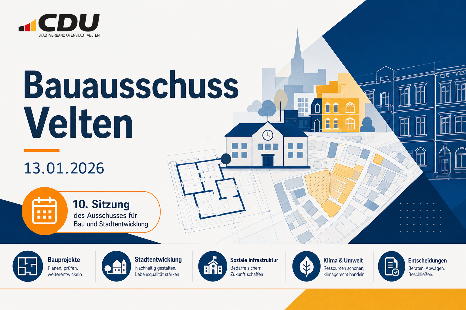 Redaktionelle Grafik zum Bauausschuss Velten mit abstrakten Planlinien, Schul-Symbol und Dokument-Elementen sowie dem Sitzungsdatum 13.01.2026.