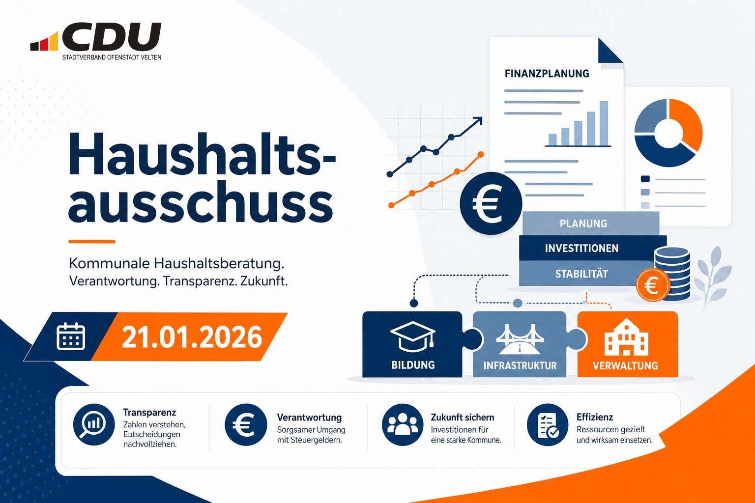 Grafische Themenkarte zur Sitzung des Haushaltsausschusses am 21. Januar 2026 mit abstrakten Symbolen für kommunale Finanzen, Planung und Investitionen.