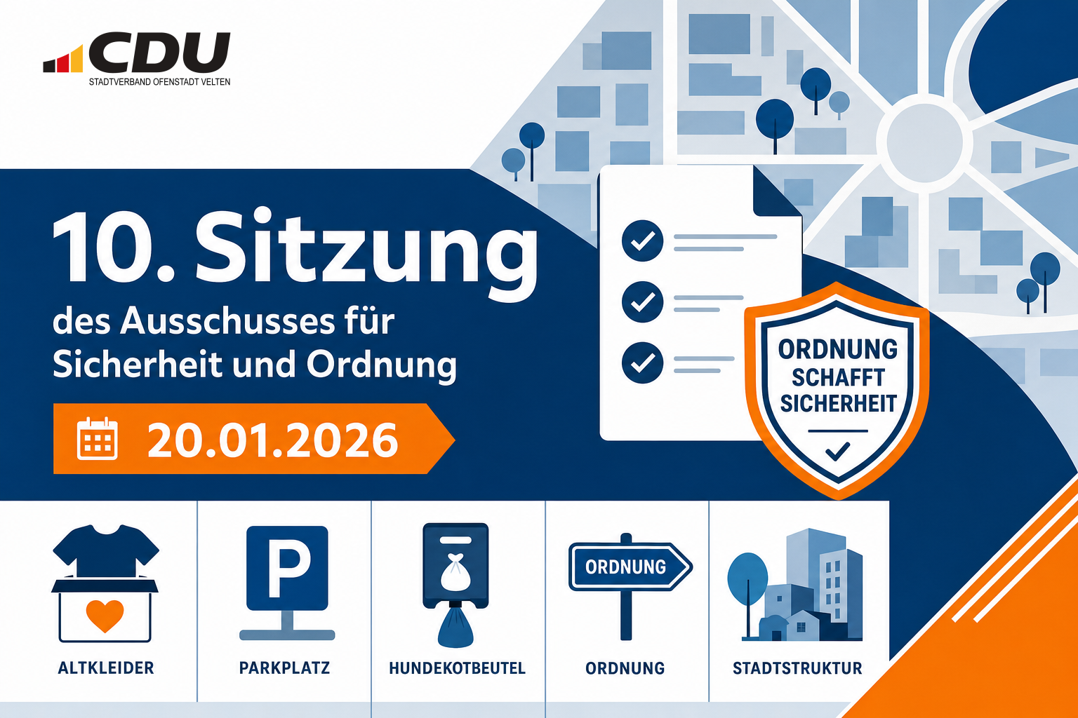 Redaktionelle Grafik zur 10. Sitzung des Ausschusses für Sicherheit und Ordnung am 20. Januar 2026 mit Symbolen für kommunale Ordnungsthemen.