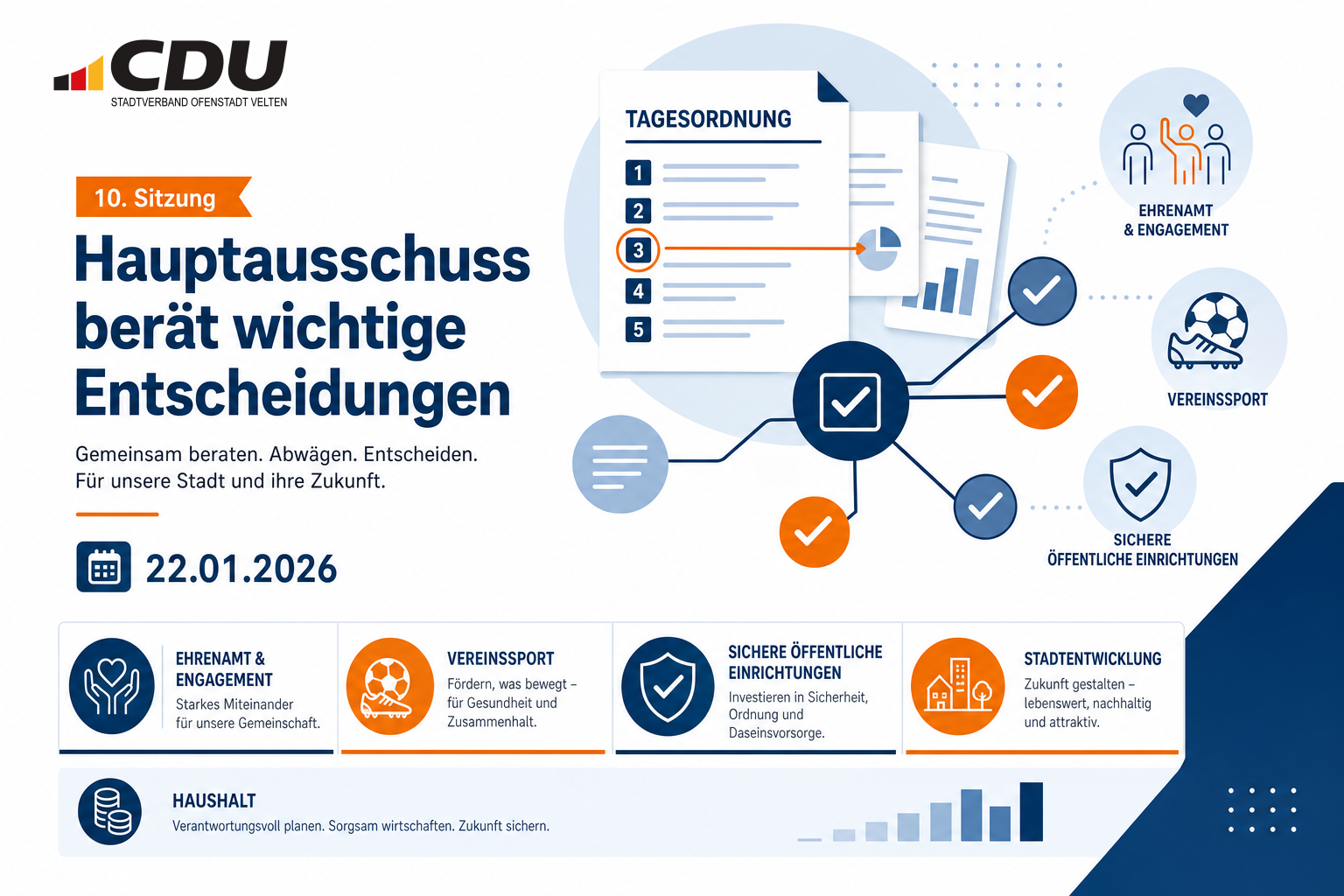Redaktionelle Grafik zur Beratung wichtiger kommunaler Entscheidungen im Hauptausschuss am 22. Januar 2026.