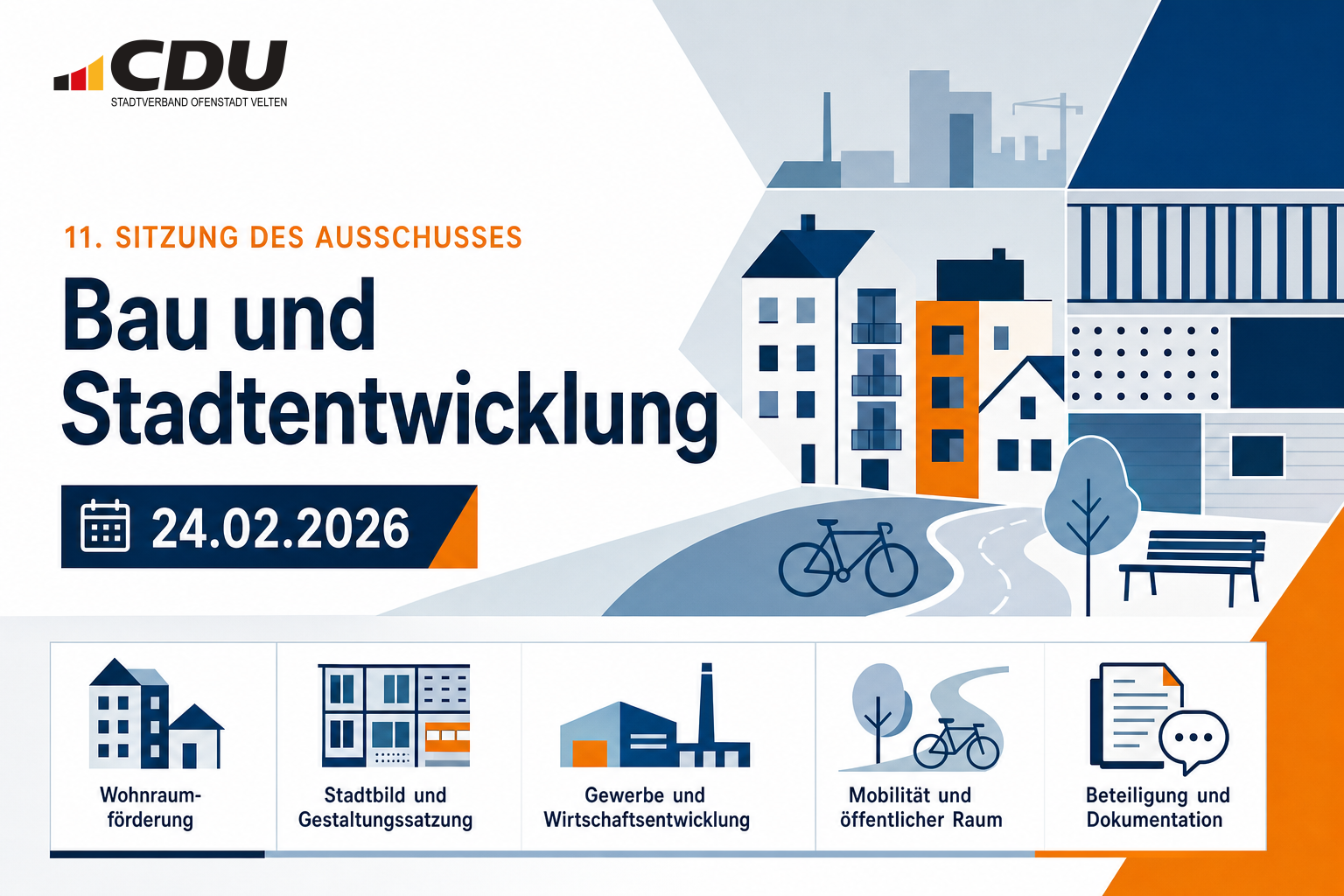 Redaktionelle Grafik zur Sitzung des Ausschusses für Bau und Stadtentwicklung mit Symbolen für Wohnraum, Stadtbild, Gewerbe, Radwege und Aufenthaltsqualität.