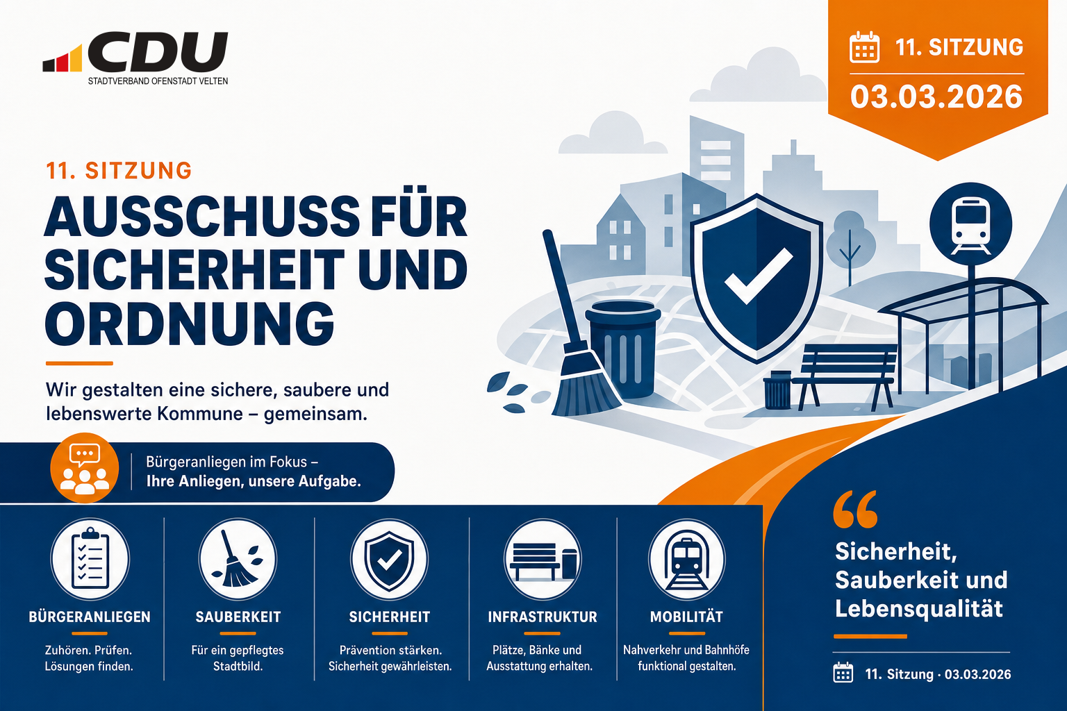 Redaktionelle Themenkarte zur 11. Sitzung des Ausschusses für Sicherheit und Ordnung mit Symbolen für Sauberkeit, Sicherheit, Bürgeranliegen und öffentliche Infrastruktur.