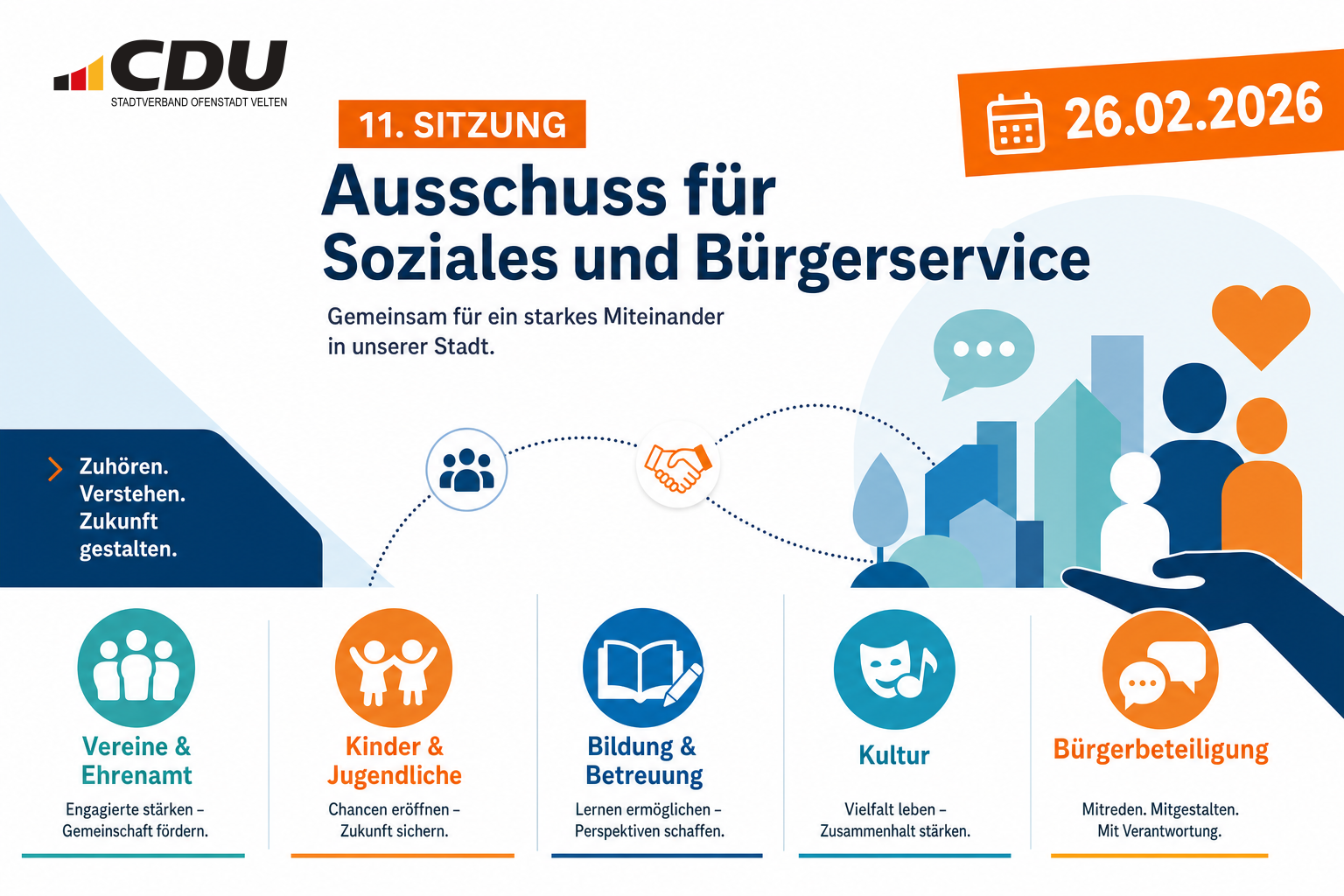 Grafische Themenkarte zur Sitzung des Ausschusses für Soziales und Bürgerservice am 26. Februar 2026 mit Symbolen für Vereine, Kinder und Jugendliche, Bildung, Kultur und Bürgerbeteiligung.