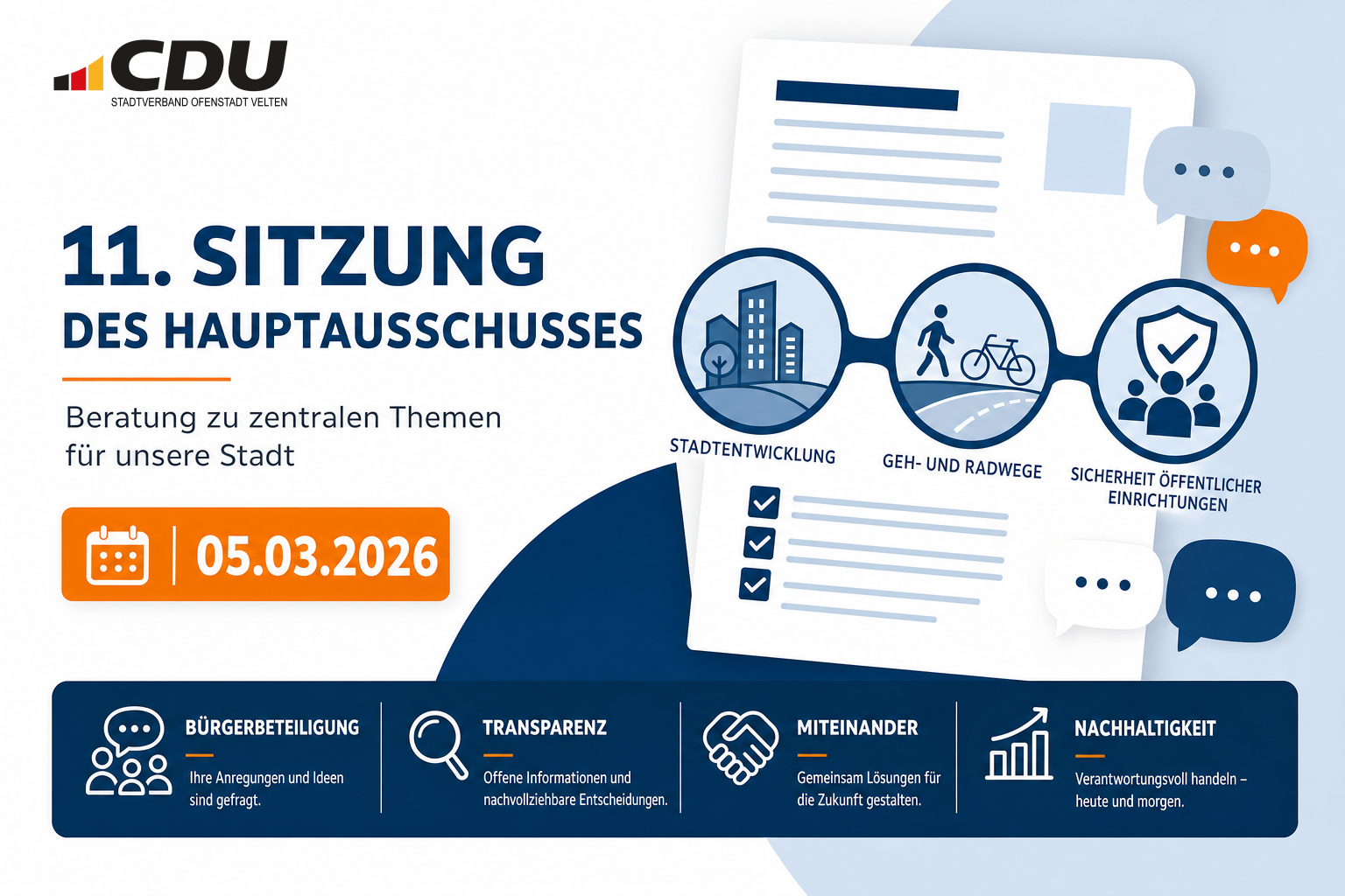 Redaktionelle Grafik zur 11. Sitzung des Hauptausschusses am 5. März 2026 mit Symbolen für Stadtentwicklung, Verkehr, Sicherheit und Bürgerbeteiligung.