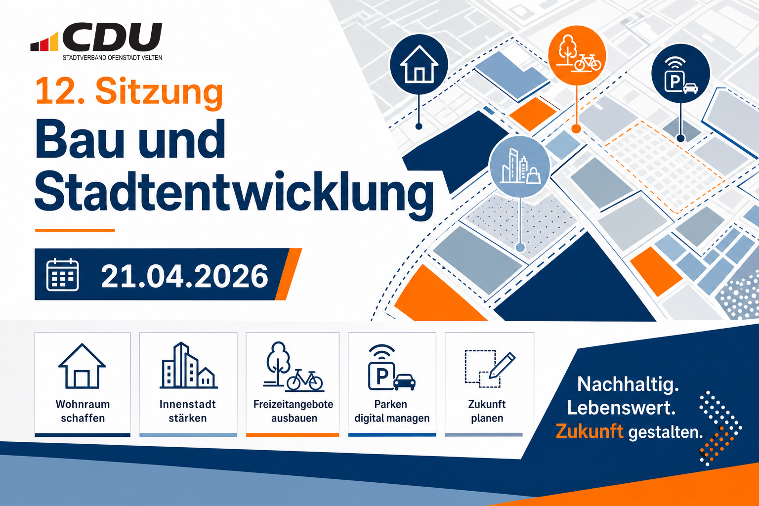 Redaktionelle Veranstaltungskarte zur 12. Sitzung des Ausschusses für Bau und Stadtentwicklung am 21. April 2026 mit abstrakten Symbolen für Stadtplanung und Infrastruktur.