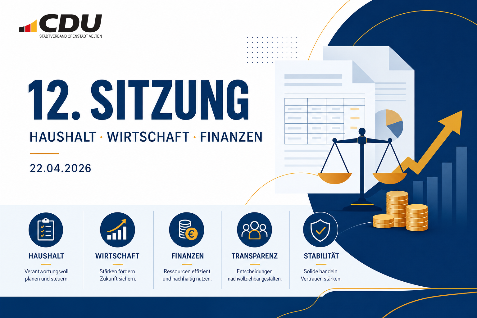 Redaktionelle Grafik zur 12. Sitzung des Ausschusses für Haushalt, Wirtschaft und Finanzen am 22. April 2026 mit abstrakten Symbolen für Haushalt, Transparenz und wirtschaftliche Entwicklung.