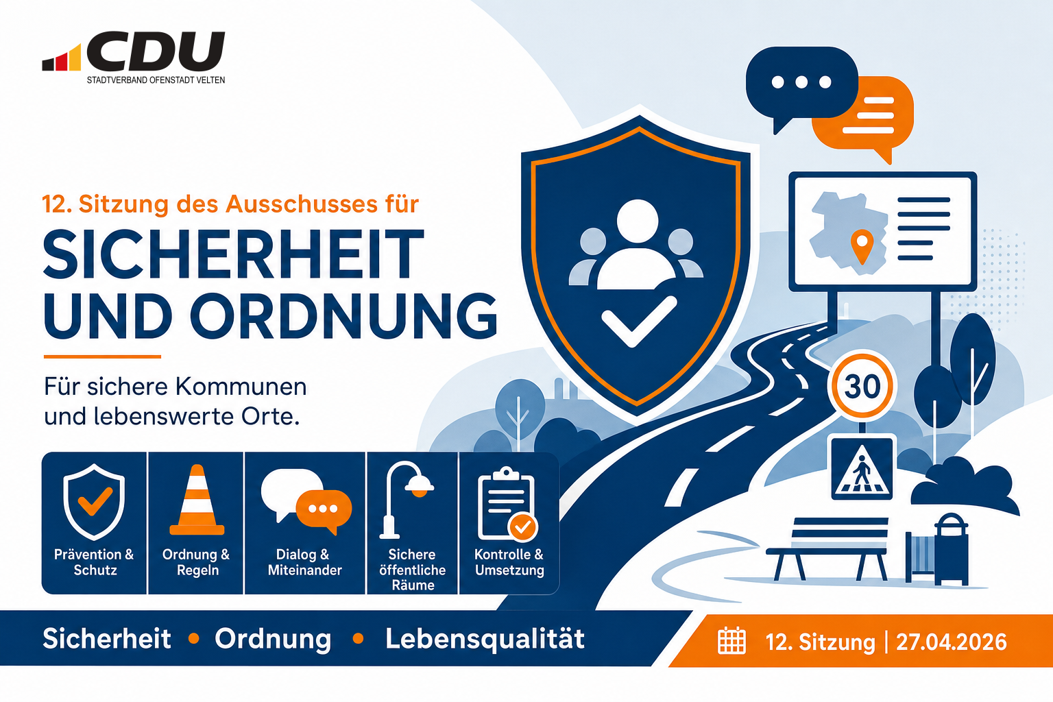 Grafische Themenkarte zu Sicherheit, Ordnung und Lebensqualität im Zusammenhang mit der 12. Sitzung des Ausschusses für Sicherheit und Ordnung.