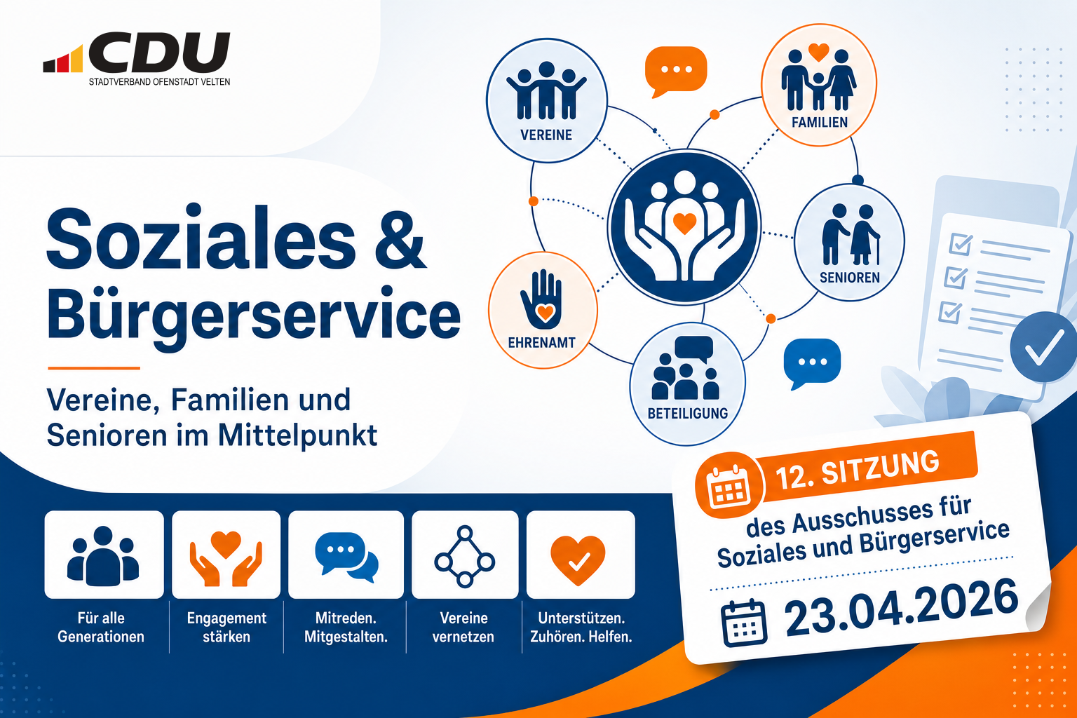 Redaktionelle Grafik zu einer Sitzung des Ausschusses für Soziales und Bürgerservice mit symbolischen Elementen für Vereine, Familien, Jugendliche, Senioren und Ehrenamt.