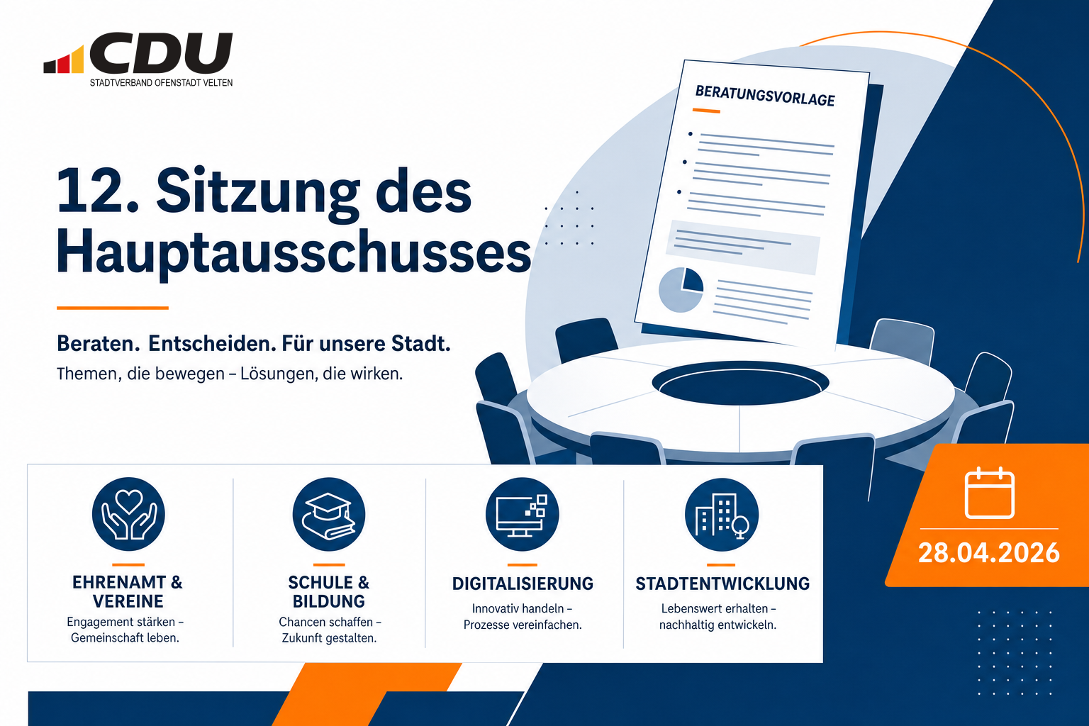 Redaktionelle Grafik zur 12. Sitzung des Hauptausschusses am 28. April 2026 mit Symbolen für Ehrenamt, Bildung, Digitalisierung und Stadtentwicklung.
