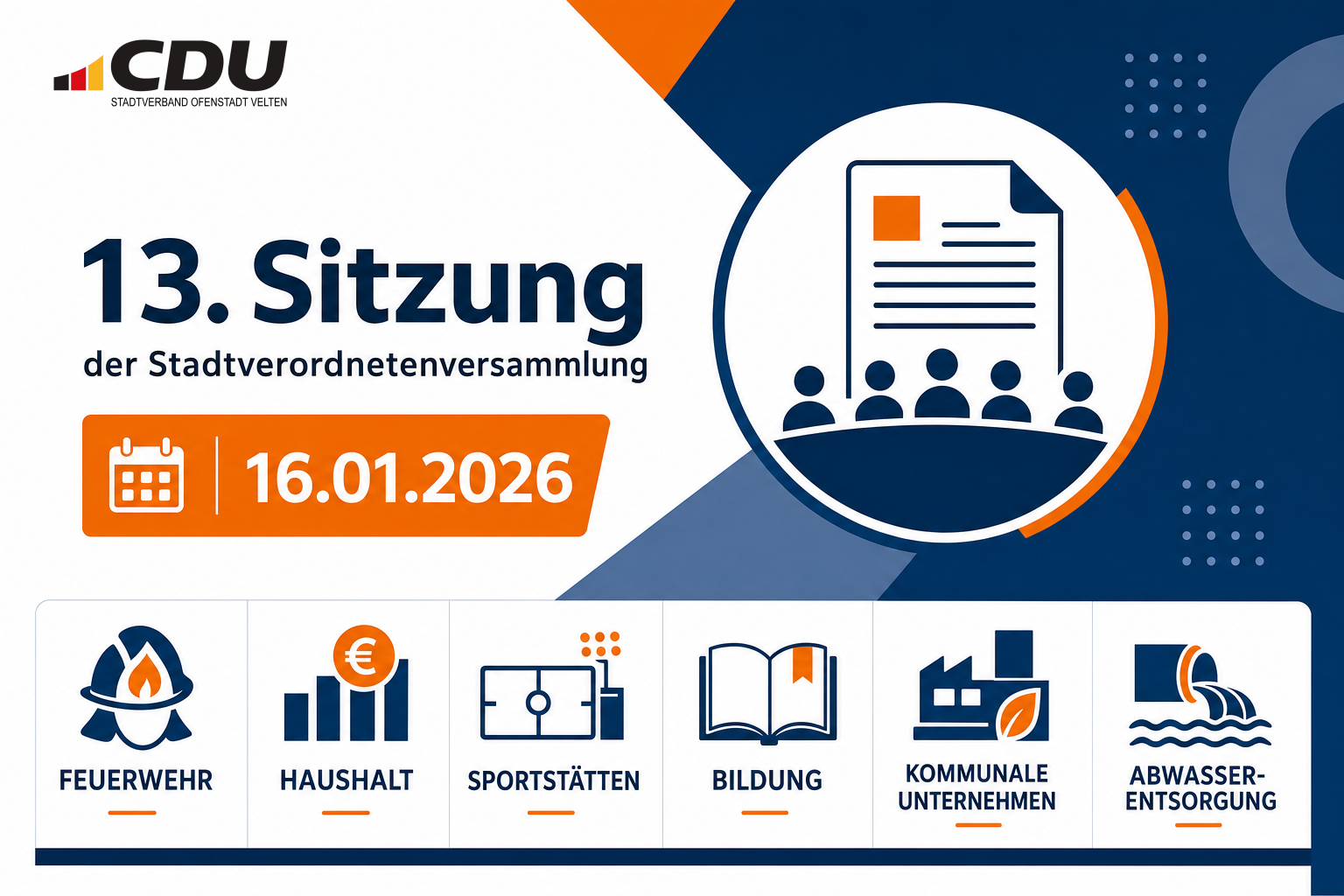 Redaktionelle Themenkarte zur 13. Sitzung der Stadtverordnetenversammlung am 16. Januar 2026 mit abstrakten Symbolen für kommunale Beratung, Feuerwehr, Haushalt, Sport, Bildung und Infrastruktur.
