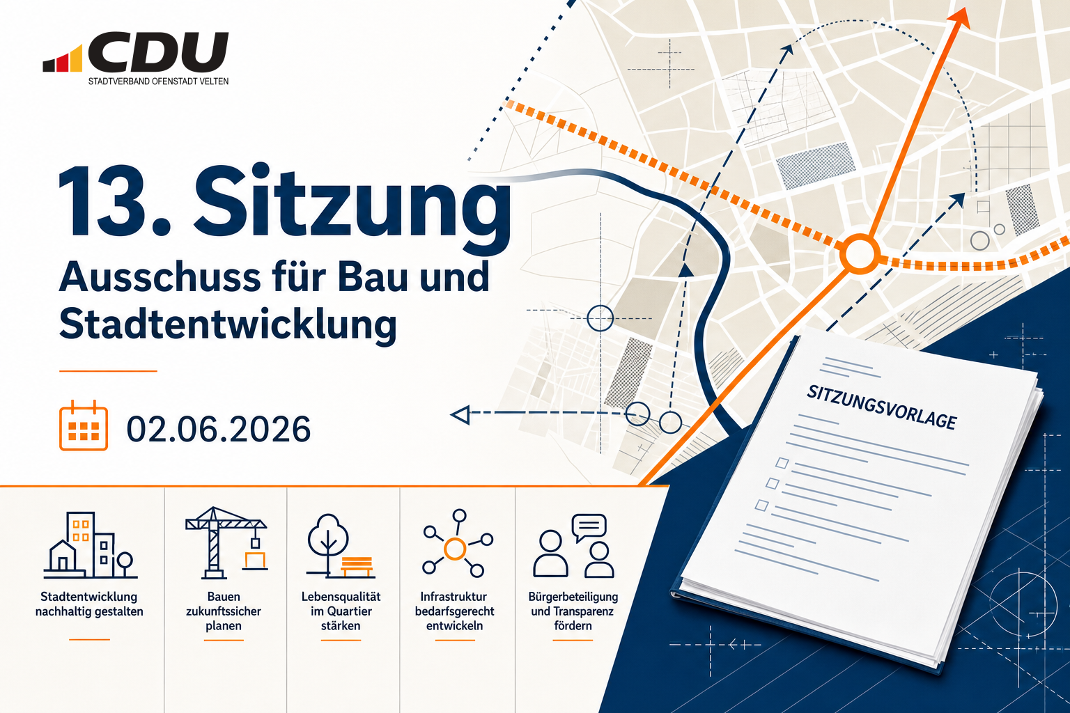 Grafische Themenkarte zur 13. Sitzung des Ausschusses für Bau und Stadtentwicklung am 2. Juni 2026 mit abstrakten Stadtplan- und Dokumentmotiven.