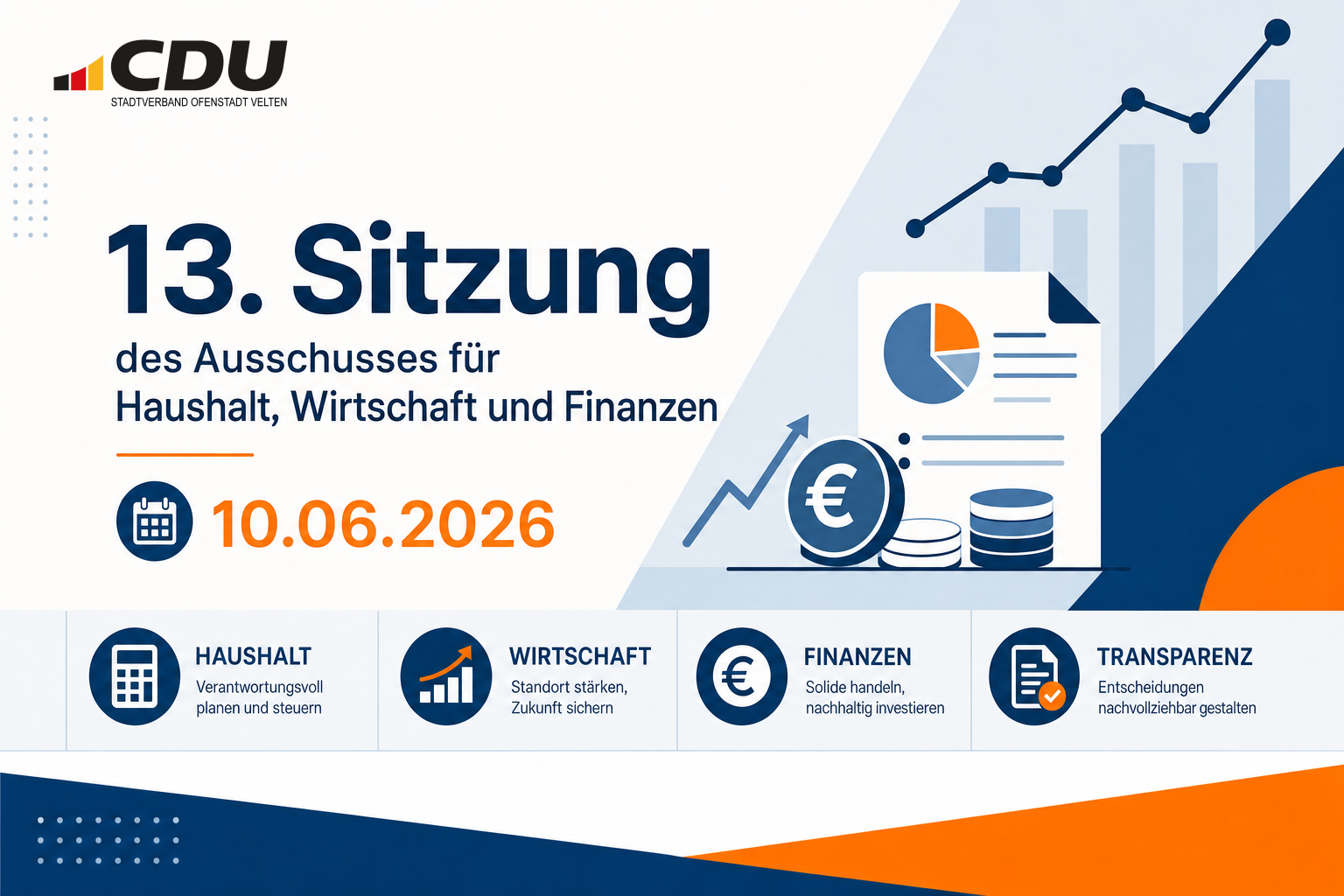 Redaktionelle Veranstaltungskarte zur 13. Sitzung des Ausschusses für Haushalt, Wirtschaft und Finanzen am 10. Juni 2026 mit abstrakten Symbolen für Haushalt, Wirtschaft und Finanzen.