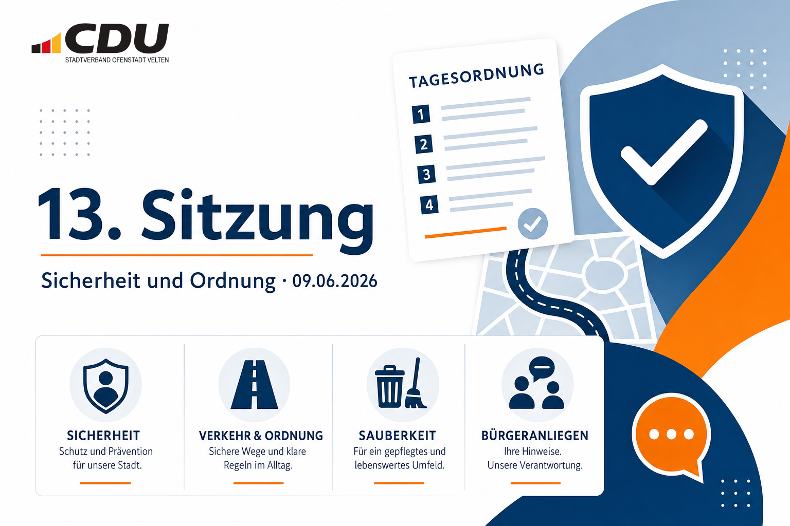 Redaktionelle Grafik zur 13. Sitzung des Ausschusses für Sicherheit und Ordnung am 9. Juni 2026 mit Symbolen für Sicherheit, Verkehr, Sauberkeit und Bürgeranliegen.