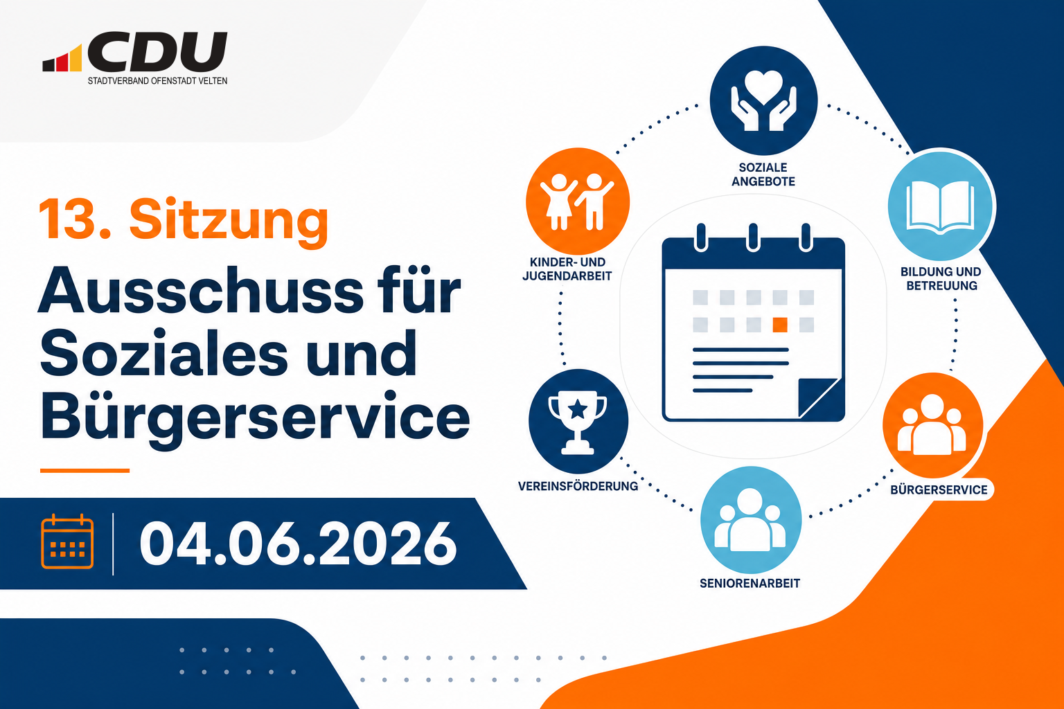 Redaktionelle Veranstaltungskarte zur 13. Sitzung des Ausschusses für Soziales und Bürgerservice am 4. Juni 2026 mit abstrakten Symbolen für soziale und bürgerschaftliche Themen.