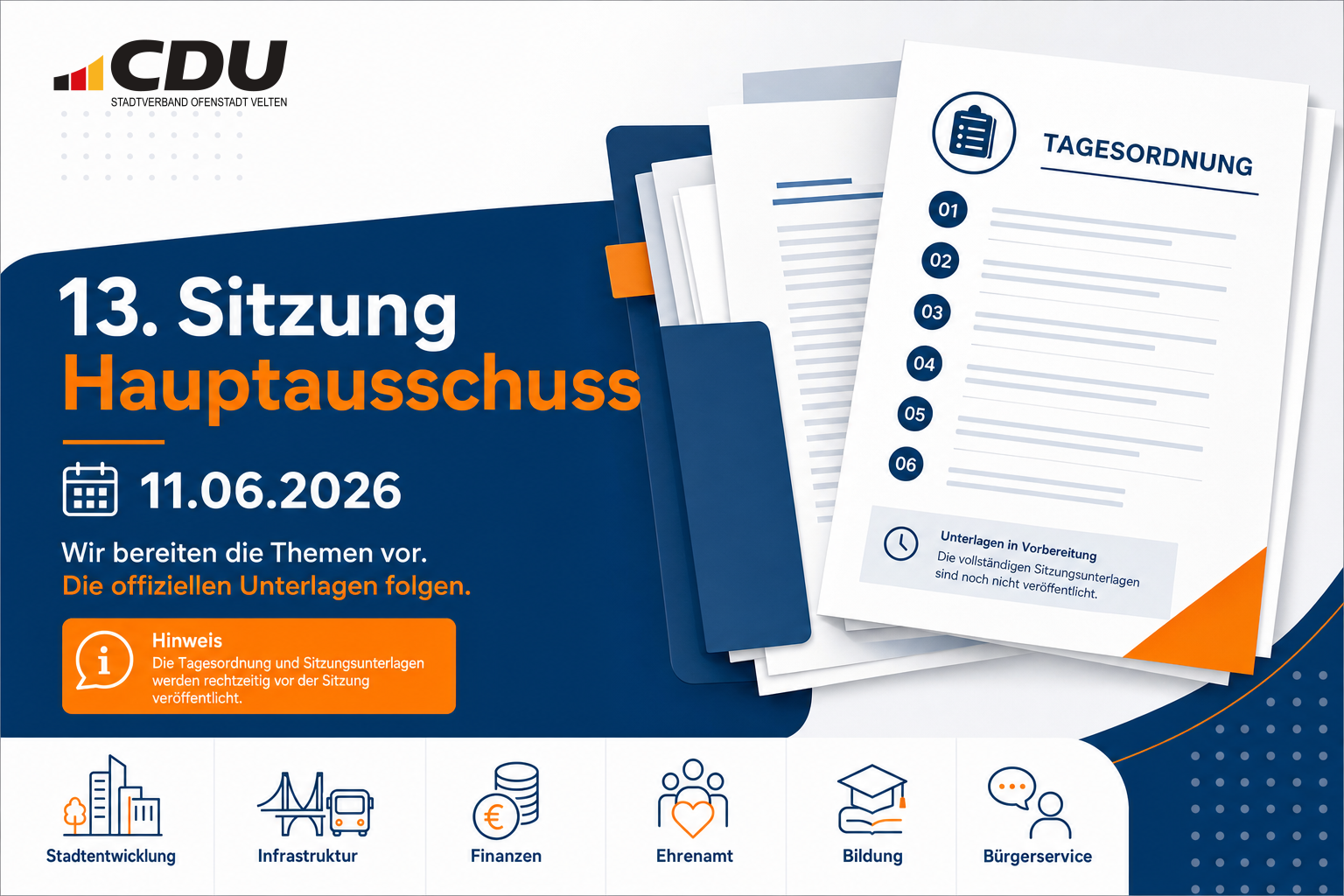 Redaktionelle Grafik zu den Sitzungsunterlagen der 13. Sitzung des Hauptausschusses am 11. Juni 2026 mit symbolischen Themen-Icons.