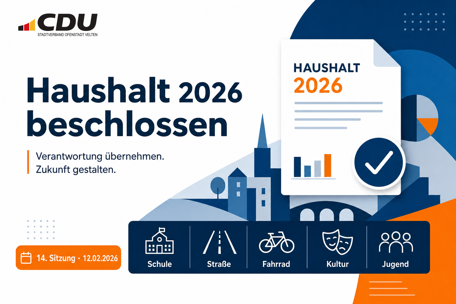 Redaktionelle Grafik zum beschlossenen Haushalt 2026 und zu den Entscheidungen der 14. Sitzung der Stadtverordnetenversammlung am 12. Februar 2026.