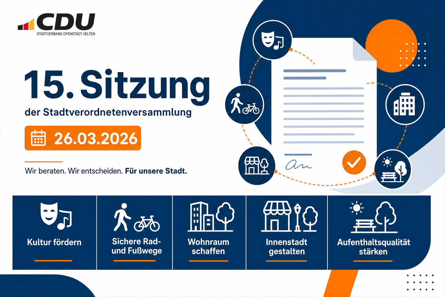 Redaktionelle Themenkarte zur 15. Sitzung der Stadtverordnetenversammlung am 26. März 2026 mit Symbolen für Kultur, Radwege, Wohnraum und Stadtentwicklung.
