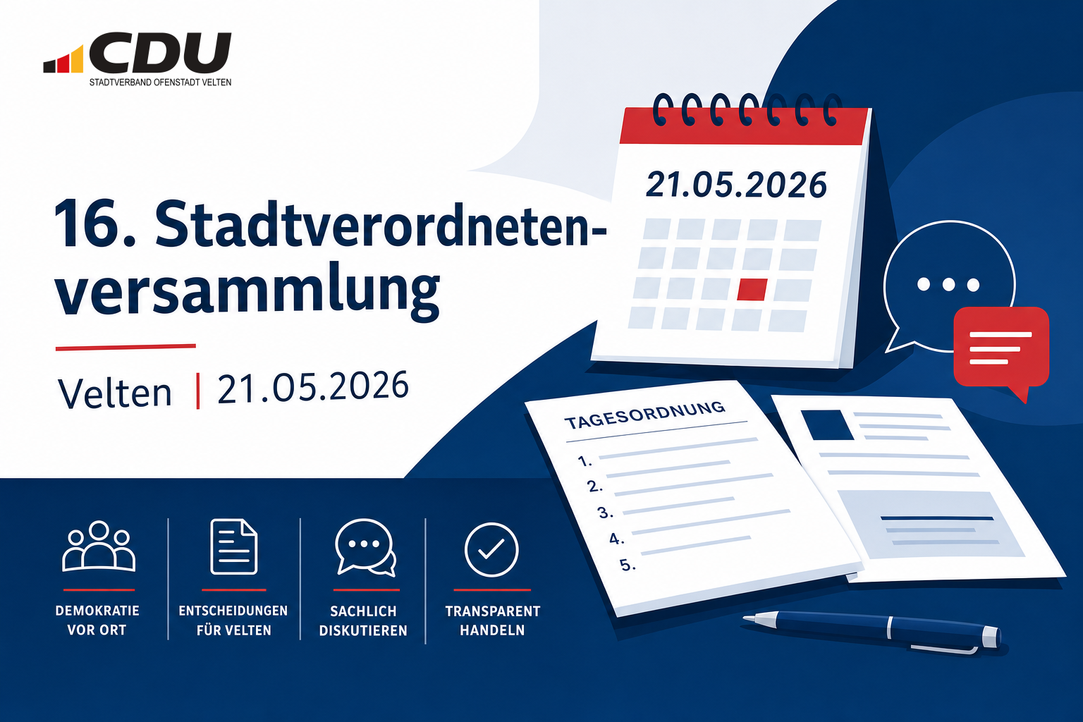 Redaktionelle Themenkarte zur 16. Stadtverordnetenversammlung in Velten am 21. Mai 2026 mit abstrahierten Dokument- und Sitzungssymbolen.