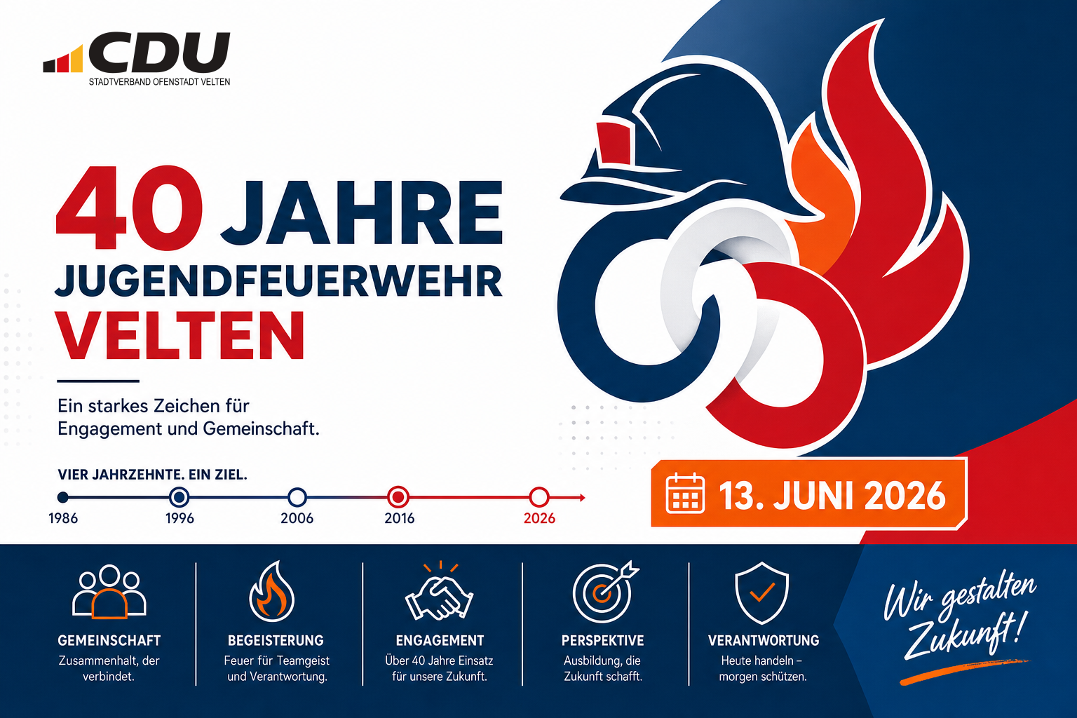 Redaktionelle Veranstaltungskarte zum 40-jährigen Bestehen der Jugendfeuerwehr Velten am 13. Juni 2026 mit abstrakten Feuerwehr- und Gemeinschaftssymbolen.