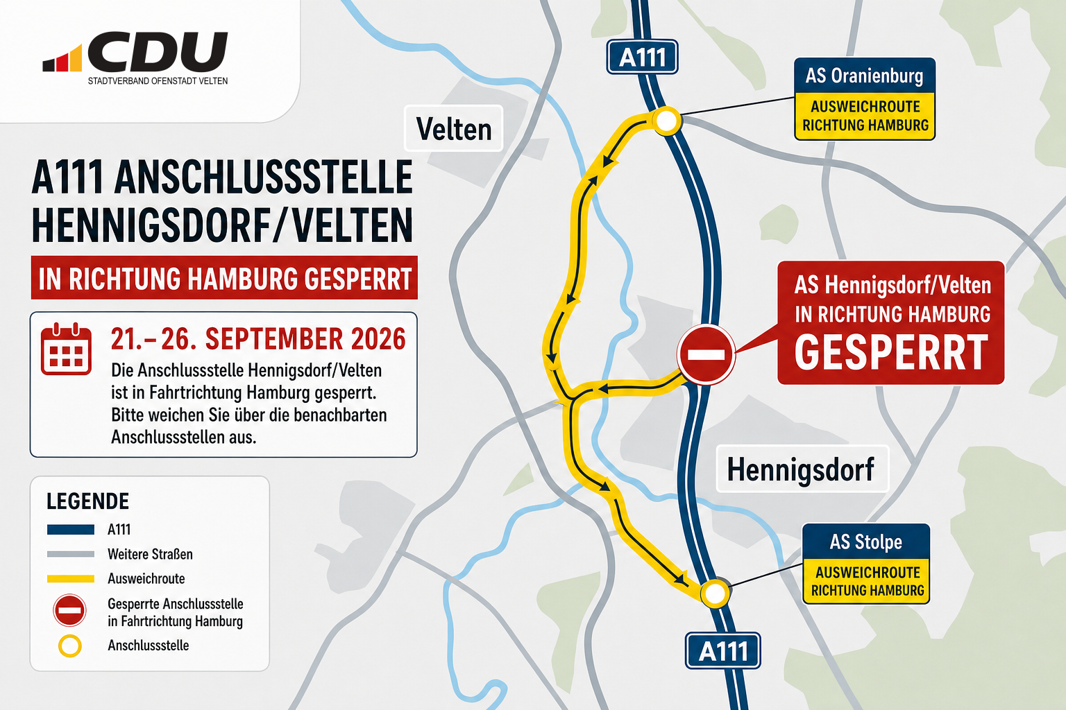 Schematische Verkehrskarte zur Sperrung der A111-Anschlussstelle Hennigsdorf/Velten in Fahrtrichtung Hamburg vom 21. bis 26. September 2026 mit angedeuteter Umleitung.