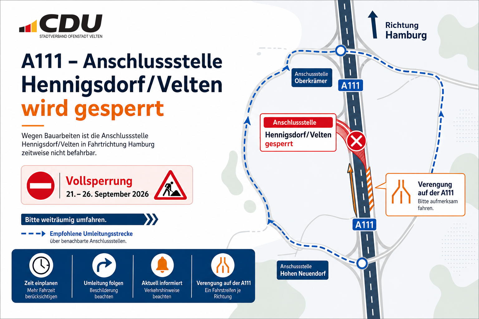 Schematische Verkehrskarte zur Sperrung der A111-Anschlussstelle Hennigsdorf/Velten in Richtung Hamburg vom 21. bis 26. September 2026 mit angedeuteter Umleitung.