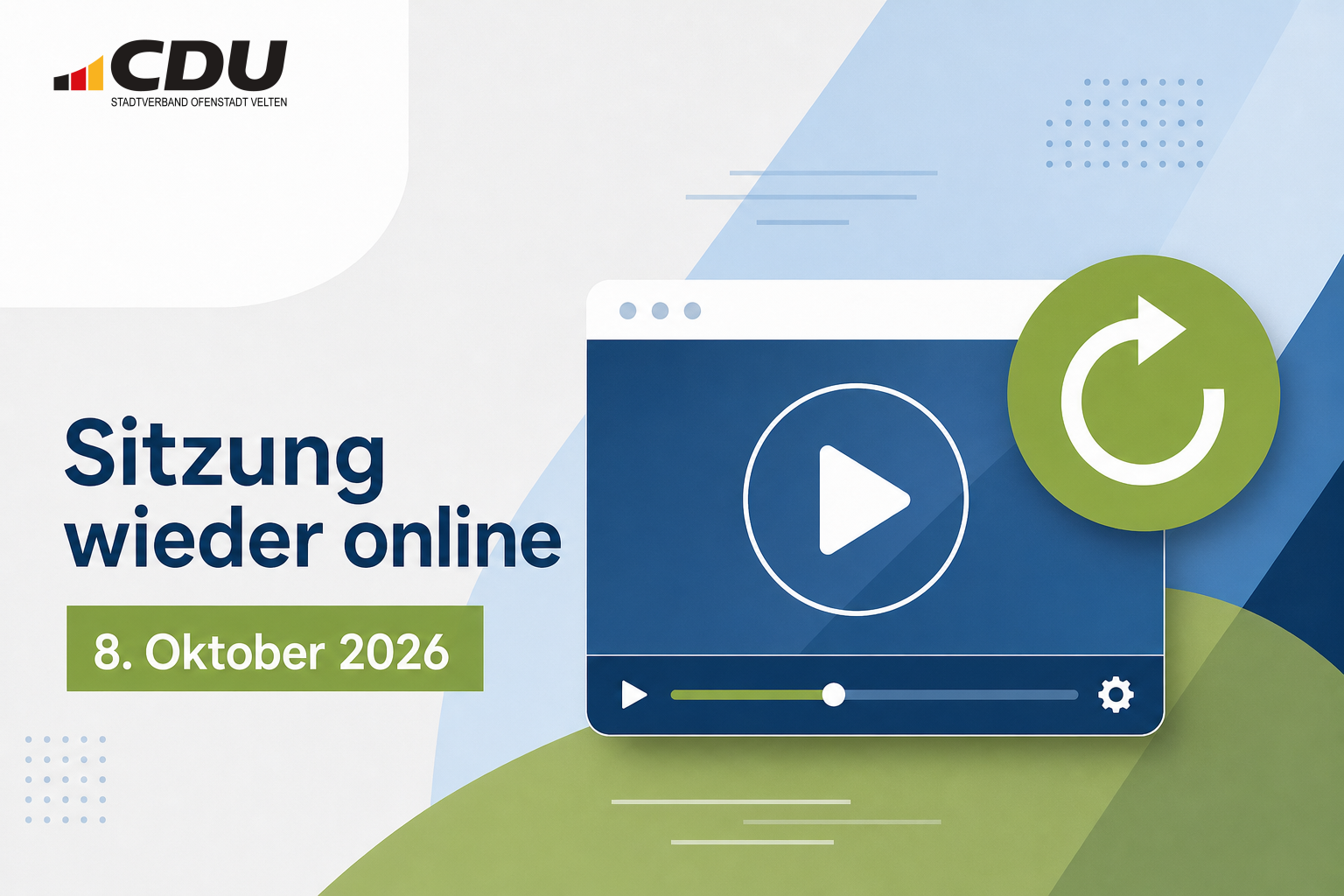 Redaktionelle Grafik mit einem stilisierten Videoplayer und einem Aktualisieren-Pfeil zur erneut verfügbaren Aufzeichnung der Sitzung vom 8. Oktober 2026.