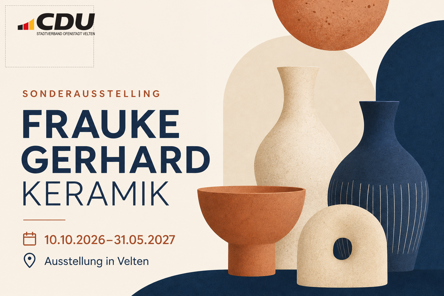 Redaktionelle Veranstaltungskarte zur Sonderausstellung „Frauke Gerhard Keramik“ in Velten mit abstrakten keramischen Formen und der Laufzeit vom 10. Oktober 2026 bis zum 31. Mai 2027.