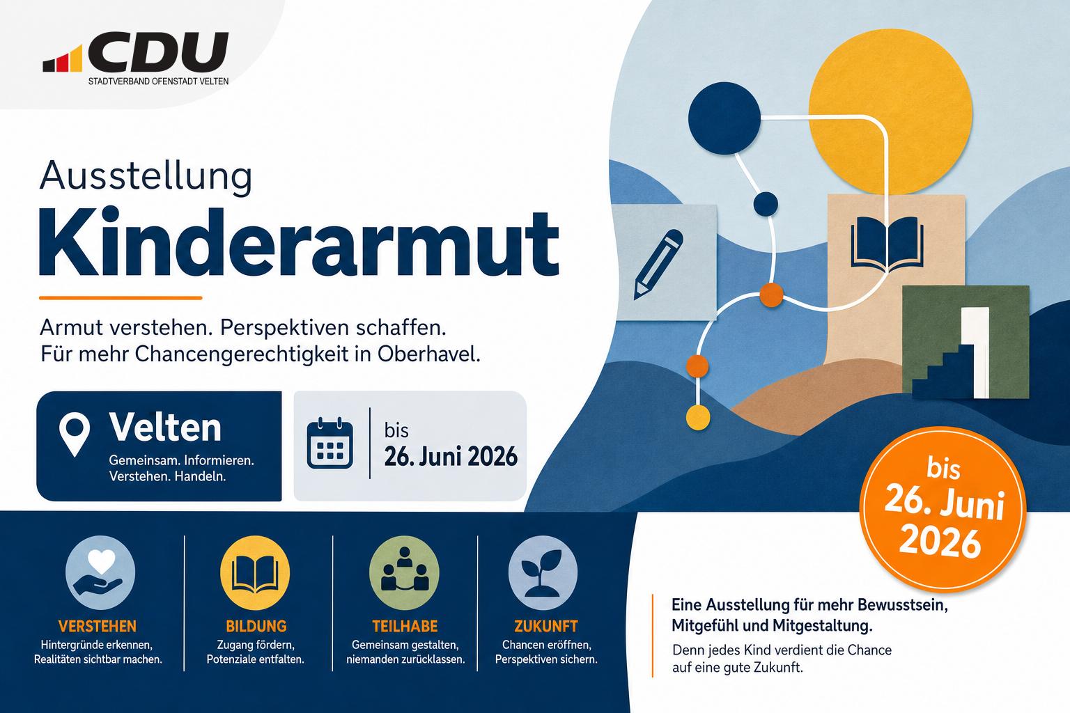 Redaktionelle Veranstaltungskarte zur Ausstellung „Kinderarmut“ in Velten, die bis zum 26. Juni 2026 läuft.