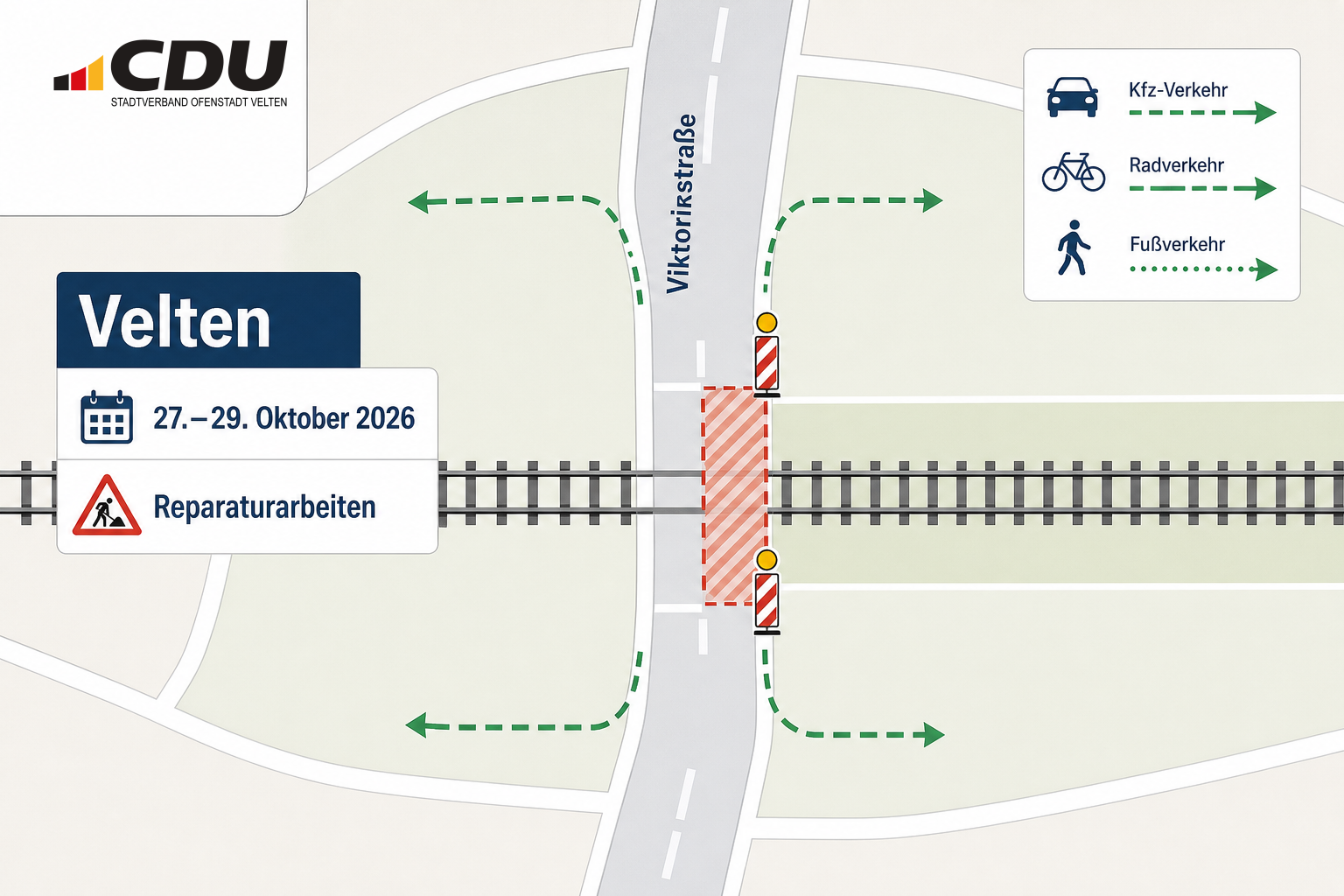 Schematische Verkehrskarte eines Bahnübergangs an der Viktoriastraße in Velten mit halbseitiger Sperrung vom 27. bis 29. Oktober 2026 wegen Reparaturarbeiten.