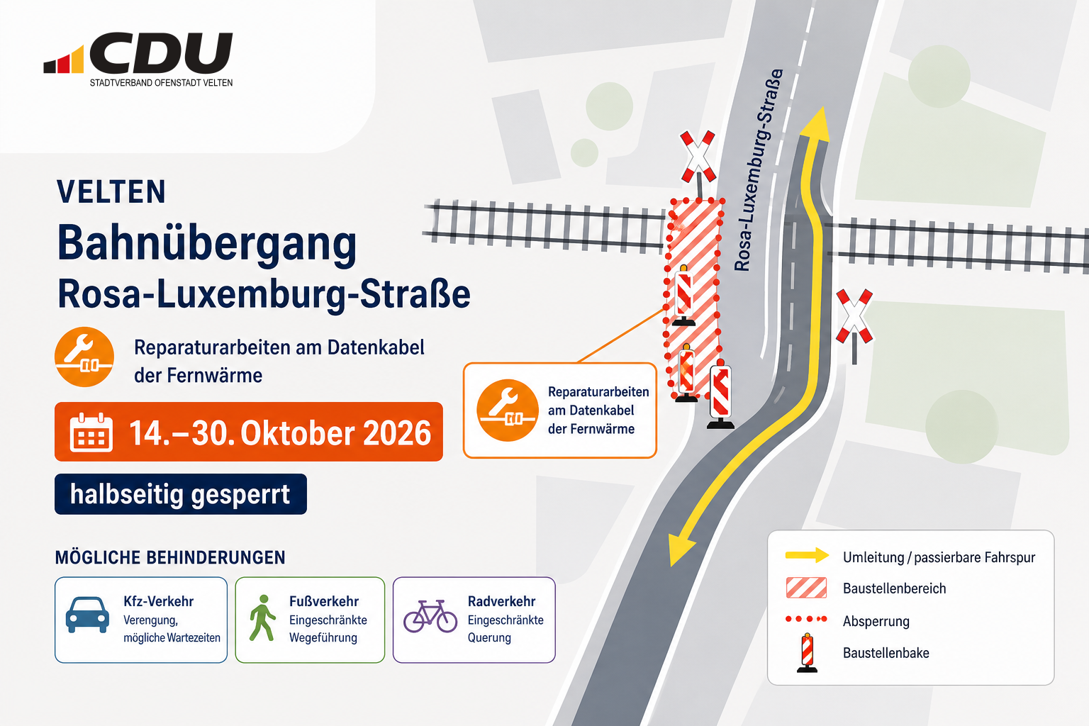 Schematische Verkehrsgrafik zur halbseitigen Sperrung des Bahnübergangs an der Rosa-Luxemburg-Straße in Velten vom 14. bis 30. Oktober 2026.