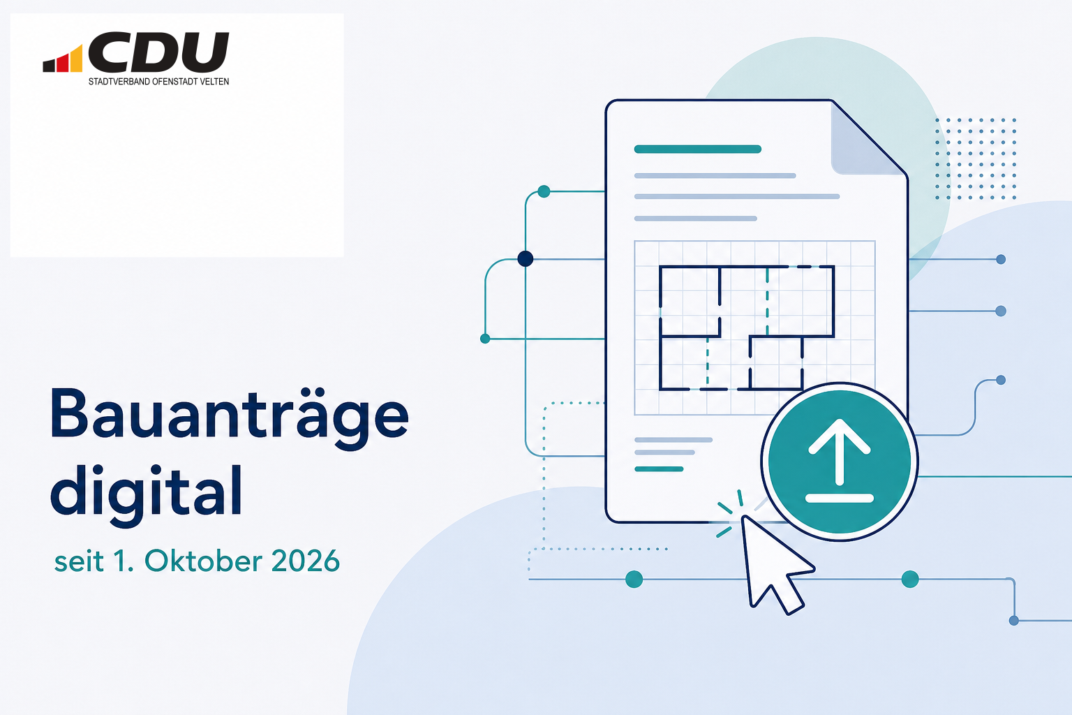 Redaktionelle Grafik zur vollständig digitalen Einreichung und Bearbeitung von Bauanträgen für Vorhaben in Velten.