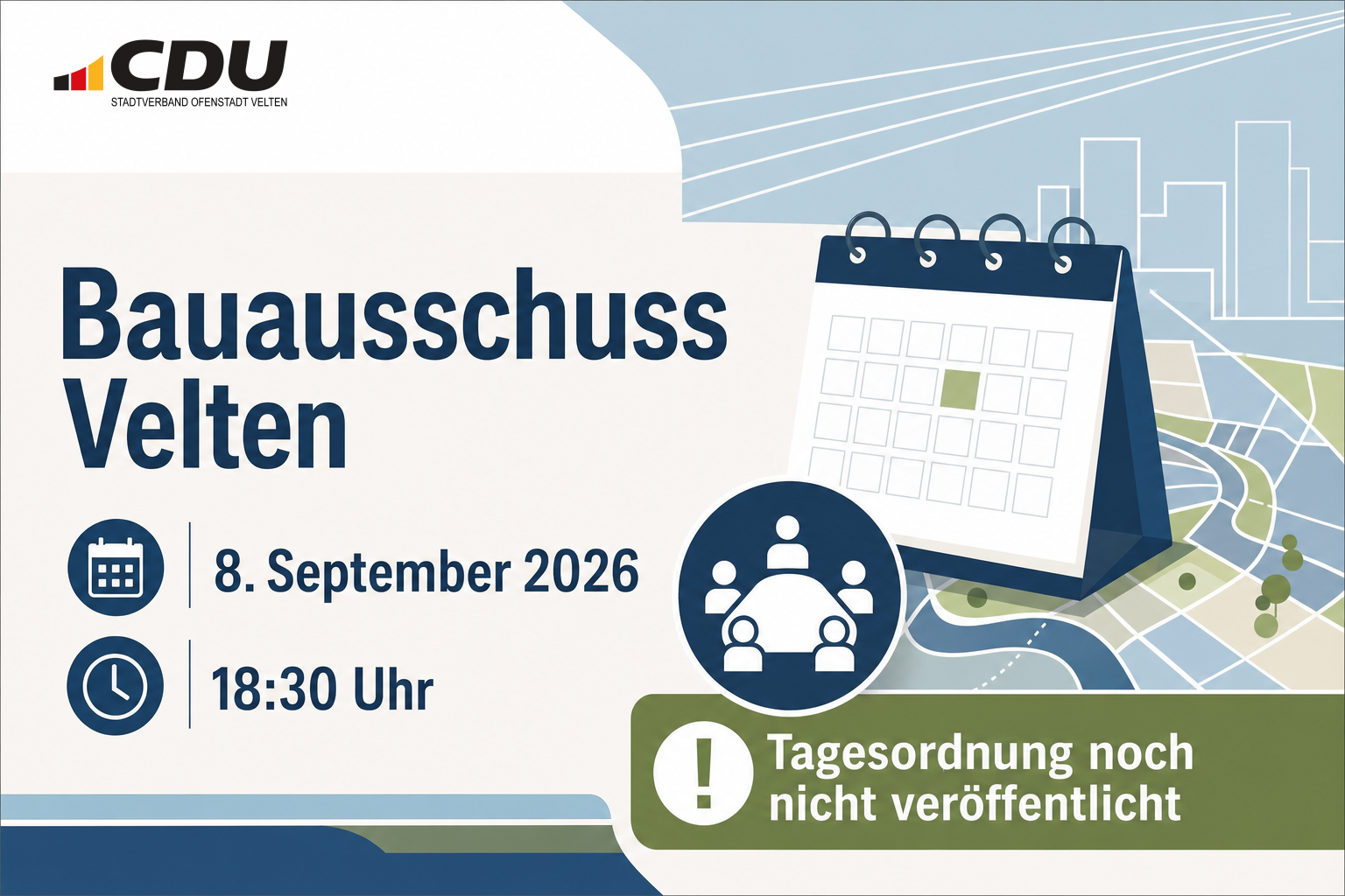 Redaktionelle Veranstaltungskarte zur Sitzung des Bauausschusses Velten am 8. September 2026 um 18:30 Uhr mit dem Hinweis, dass die Tagesordnung noch nicht veröffentlicht ist.