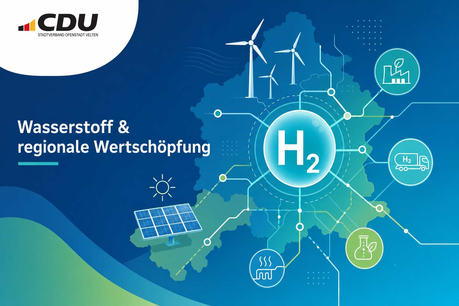 Redaktionelle Symbolgrafik zu Wasserstoff, erneuerbaren Energien und regionaler Wertschöpfung in Brandenburg.