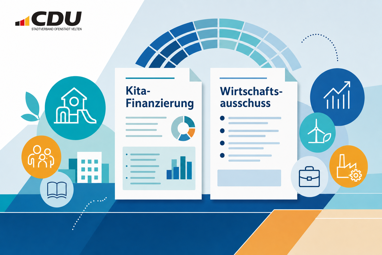 Redaktionelle Grafik mit stilisierten Ausschussunterlagen sowie Symbolen für Kita-Finanzierung, Bildungsinfrastruktur und Wirtschaftspolitik.