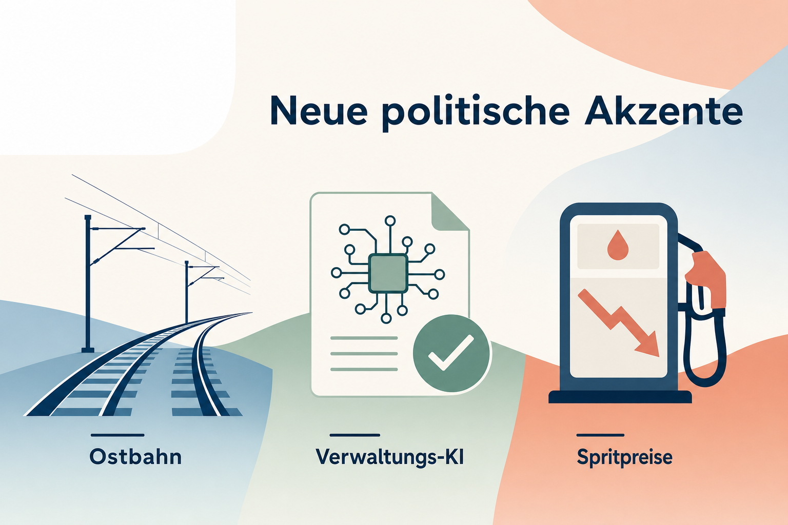 Redaktionelle Grafik mit Symbolen für den Ausbau der Ostbahn, Regeln für künstliche Intelligenz in der Verwaltung und politische Forderungen zu Kraftstoffpreisen.