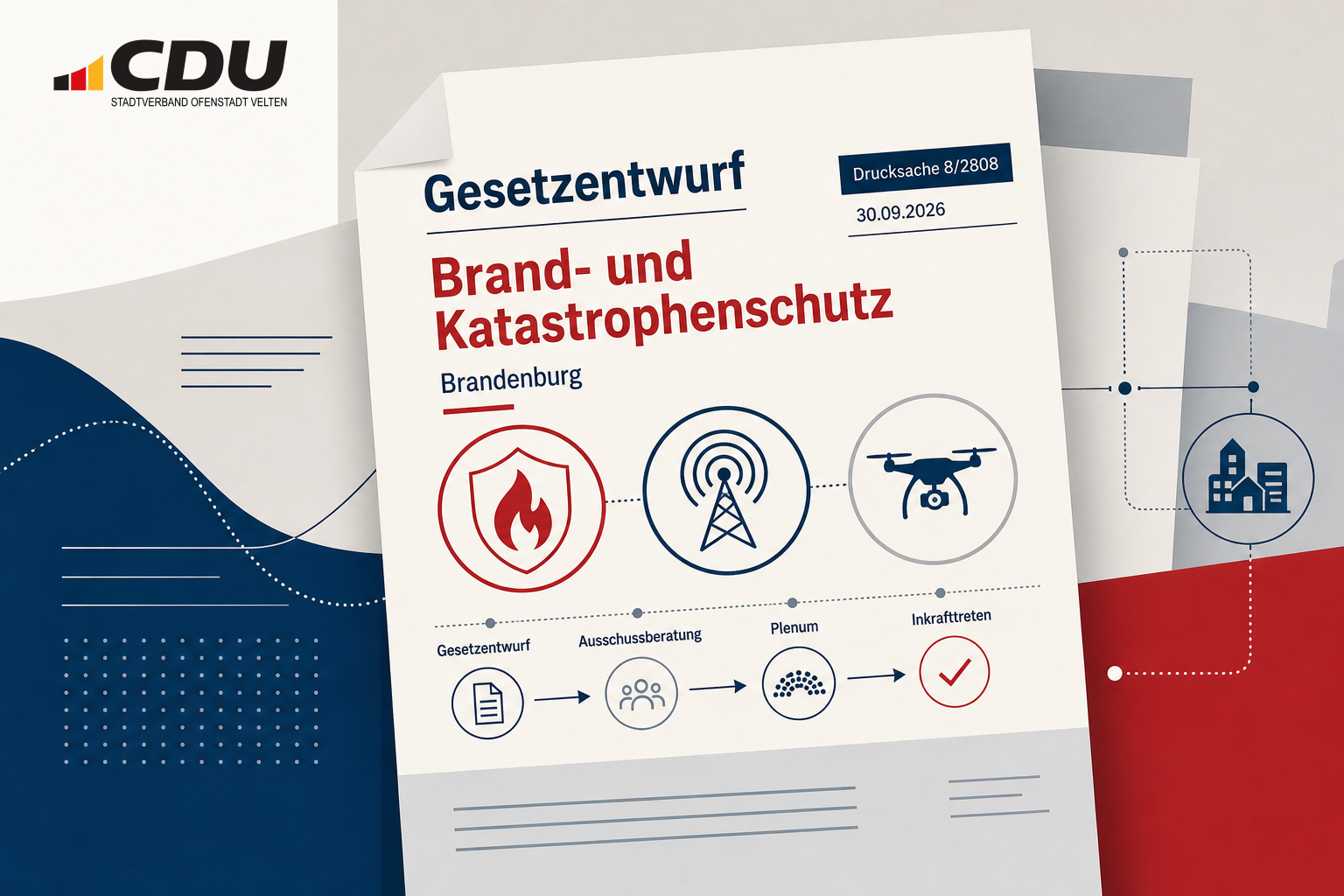 Redaktionelle Dokumentgrafik zu einem Gesetzentwurf für den Brand- und Katastrophenschutz in Brandenburg mit Symbolen für Feuerwehr, Leitstelle und Drohneneinsatz.