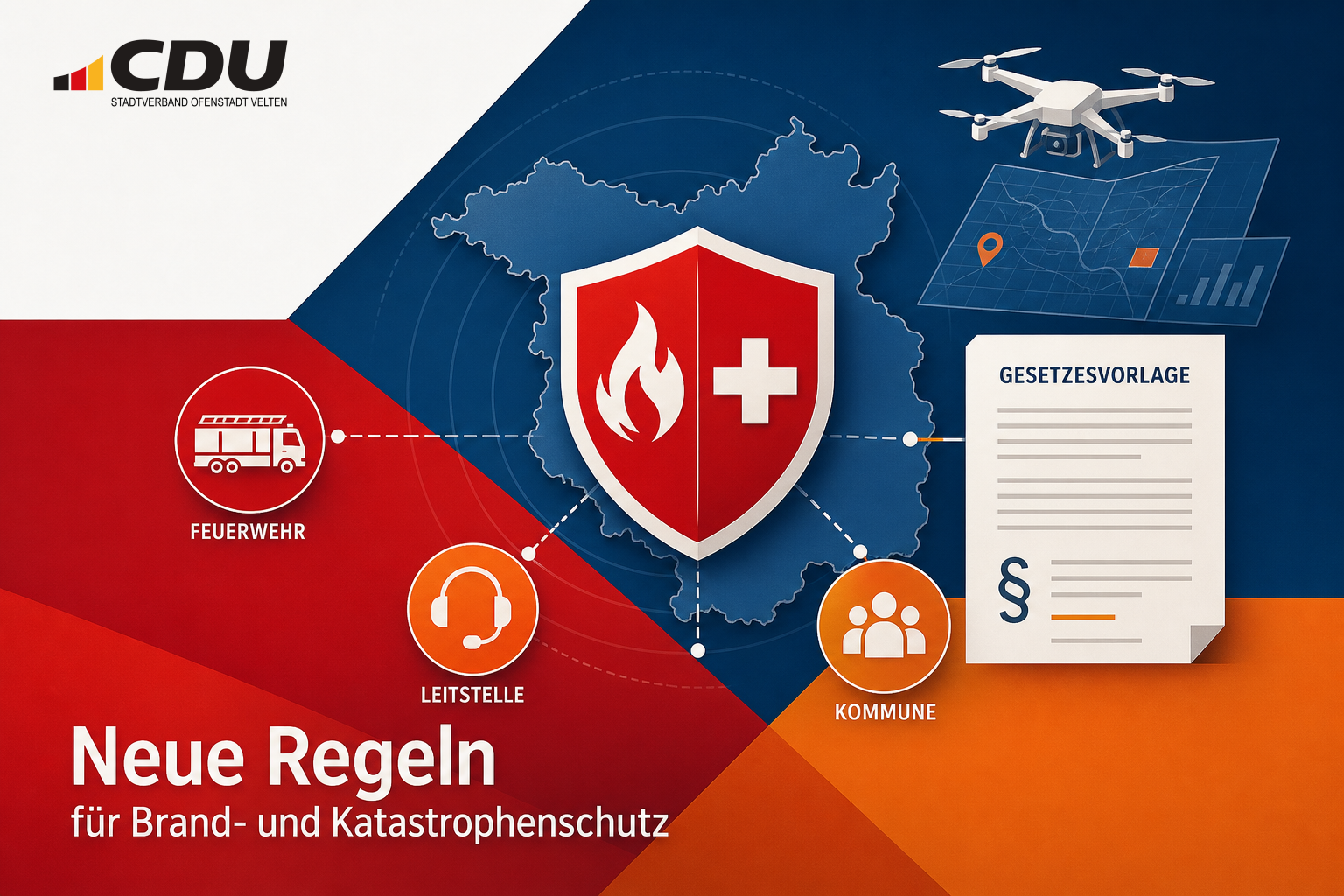 Redaktionelle Grafik zu den geplanten neuen Regeln für Brand- und Katastrophenschutz in Brandenburg mit Symbolen für Gesetzgebung, Feuerwehr, Leitstelle und Drohneneinsatz.