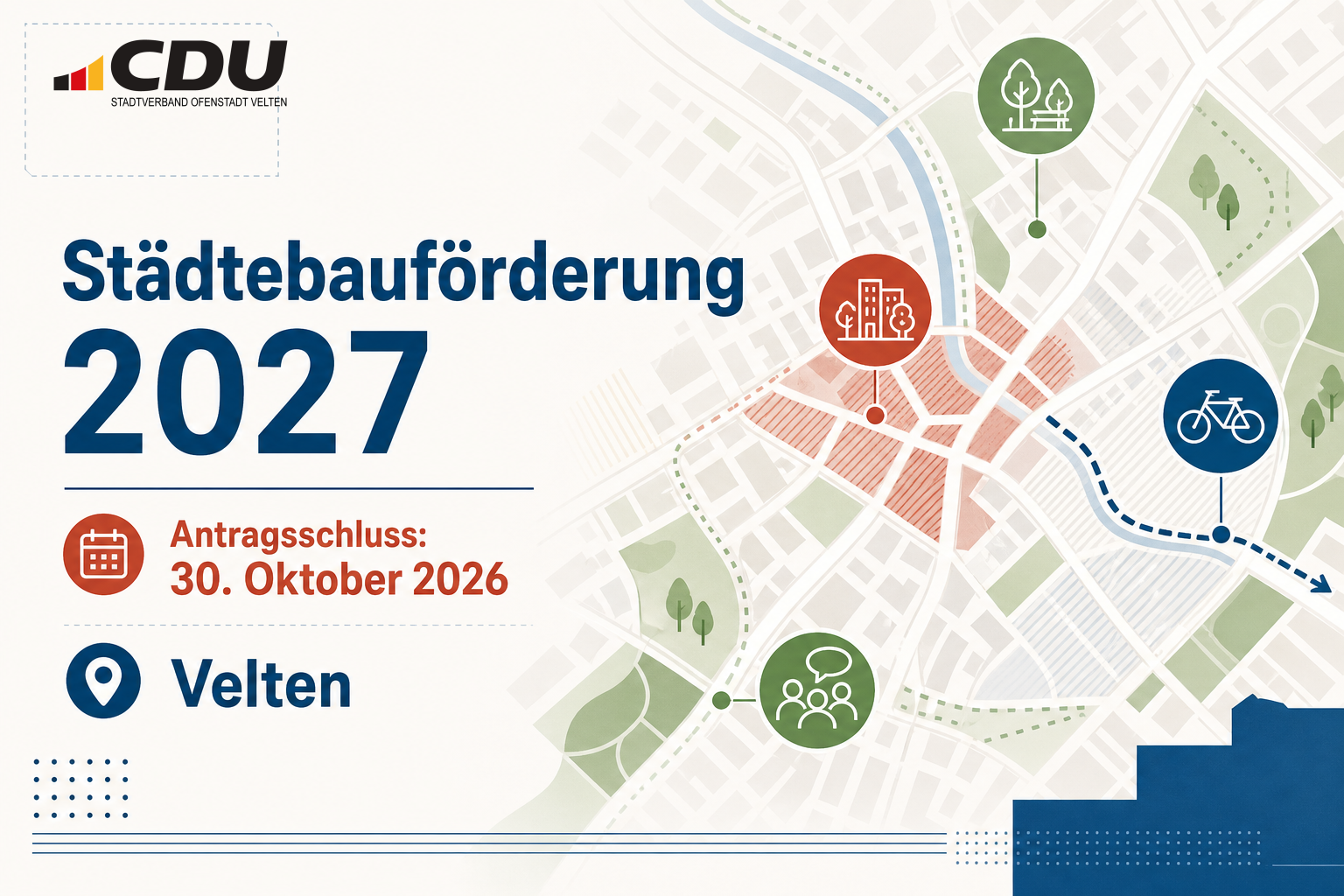 Redaktionelle Dokumentgrafik zur Ausschreibung der Städtebauförderung 2027 mit Antragsschluss am 30. Oktober 2026 und Bezug zu Velten.