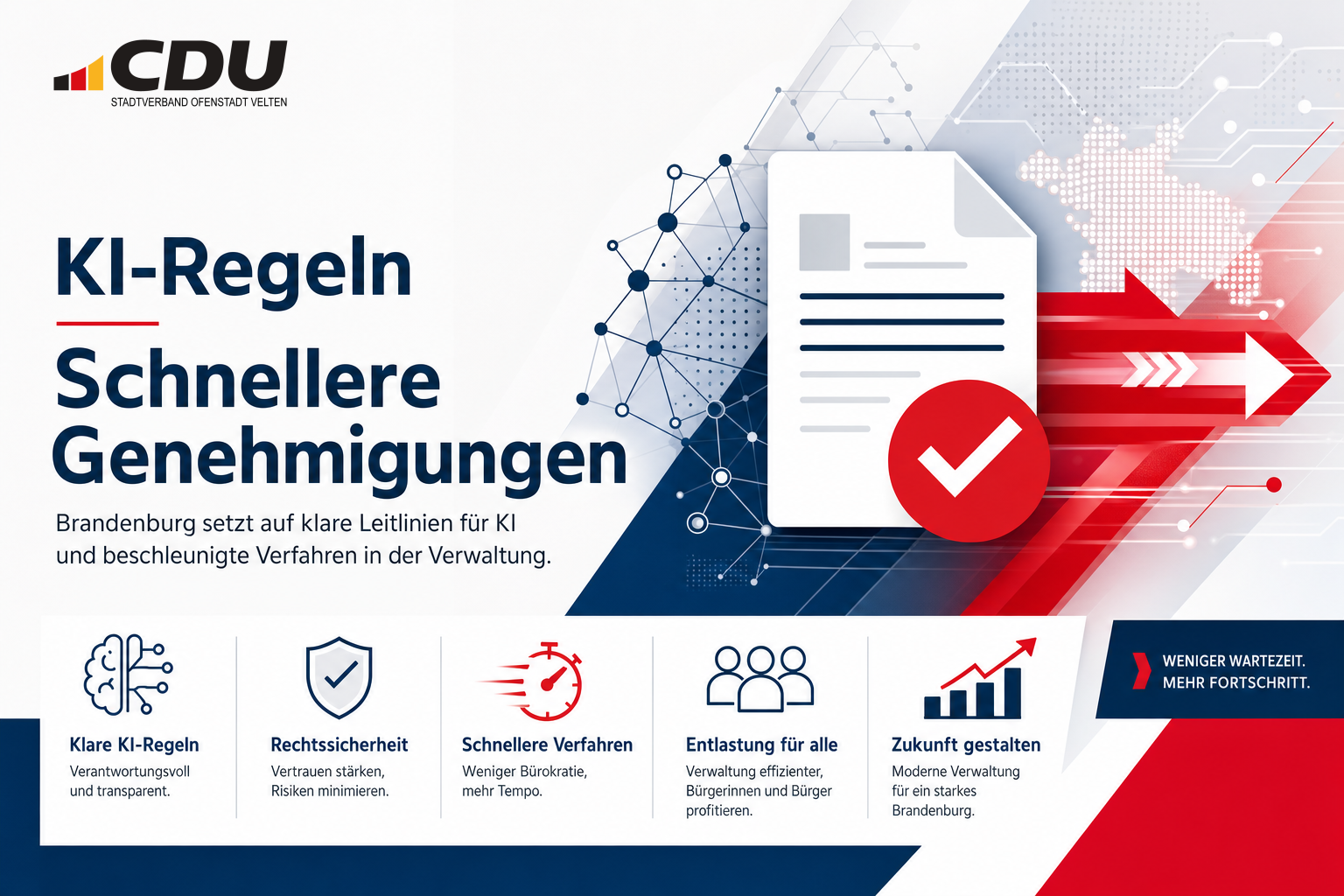 Redaktionelle Grafik zu geplanten KI-Regeln in der Verwaltung und schnelleren Genehmigungsverfahren in Brandenburg.