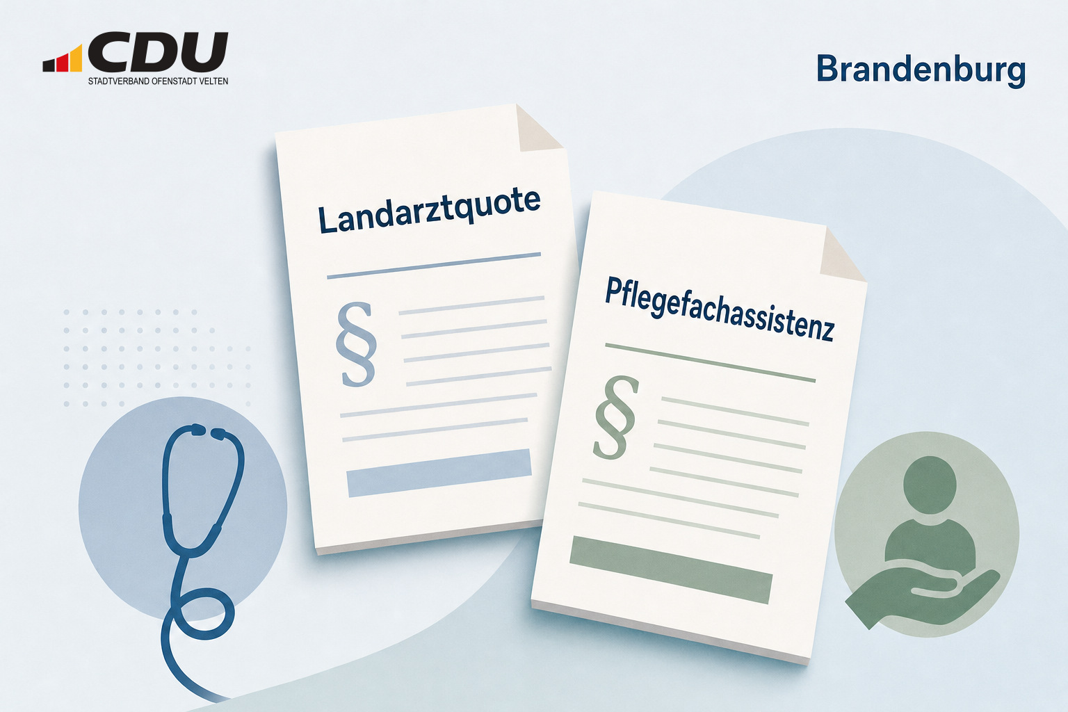 Symbolische Darstellung zweier landesrechtlicher Grundlagen in Brandenburg: Landarztquote und Pflegefachassistenz.