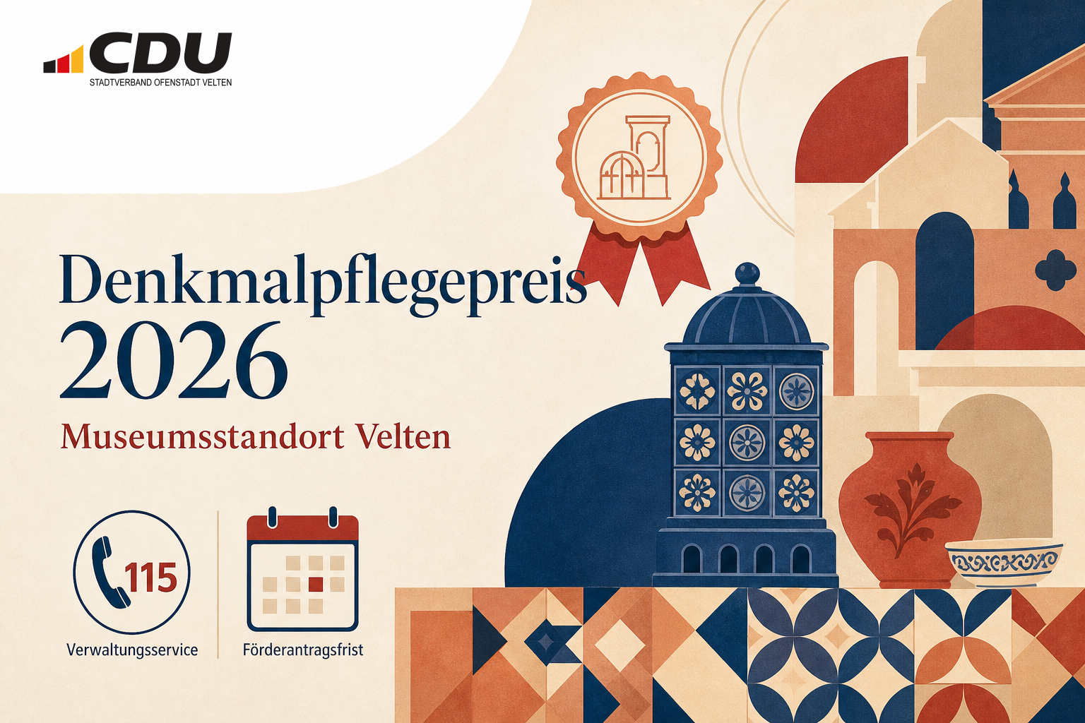 Redaktionelle Grafik zum Denkmalpflegepreis 2026 für den Museumsstandort Velten mit stilisierten Keramikmotiven, Auszeichnungssymbol und Hinweisen auf die Behördennummer 115 und eine Förderfrist.
