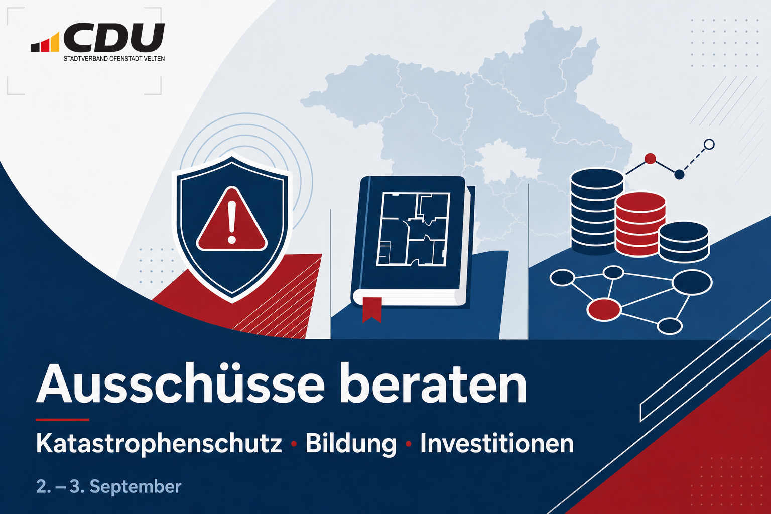 Redaktionelle Grafik zu den Beratungen über Katastrophenschutz, Bildungsinfrastruktur und kommunale Investitionen in Brandenburg.