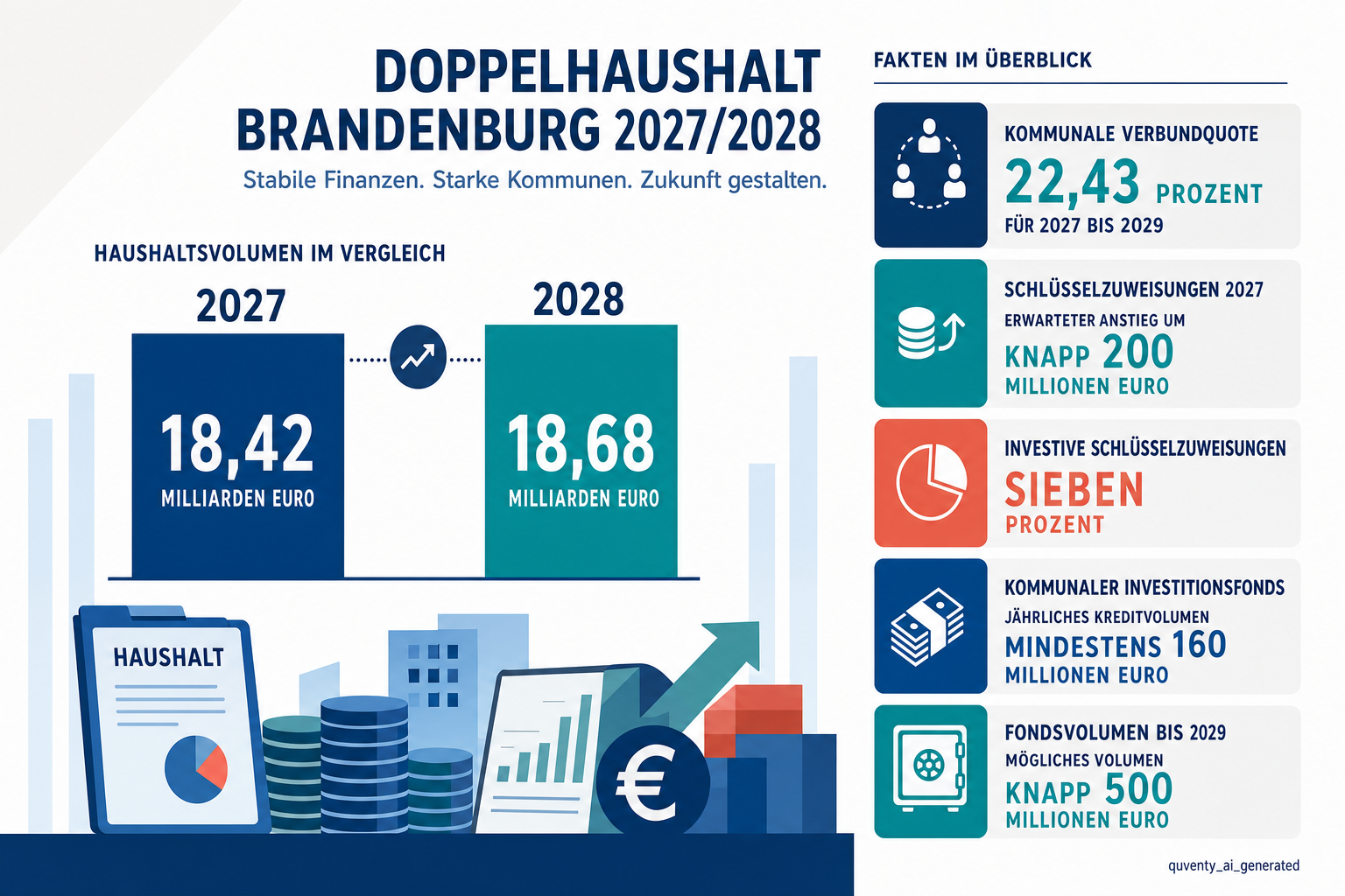 Redaktionelle Infografik zum Brandenburger Doppelhaushalt 2027/2028 mit den Haushaltsvolumina von rund 18,42 und knapp 18,68 Milliarden Euro sowie ausgewählten Angaben zum kommunalen Finanzausgleich und Investitionsfonds.