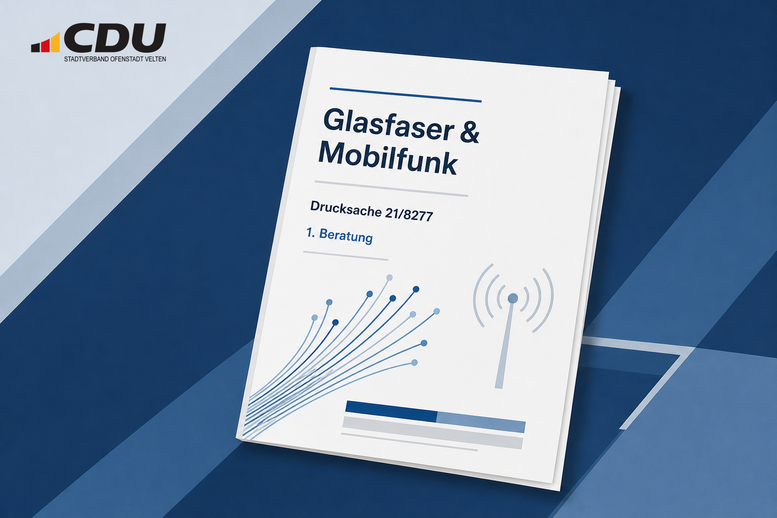 Redaktionelle Grafik zu einem Gesetzentwurf für den Ausbau von Glasfaser- und Mobilfunknetzen mit Hinweis auf die Bundestagsdrucksache 21/8277 und die erste Beratung.