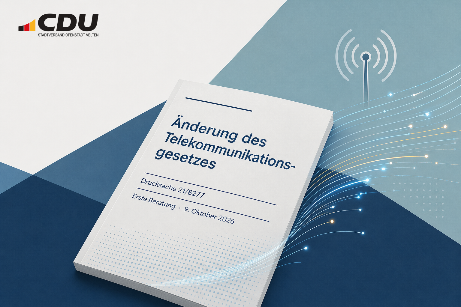 Redaktionelle Grafik eines stilisierten Gesetzentwurfs zur Änderung des Telekommunikationsgesetzes mit Symbolen für Glasfaser- und Mobilfunkausbau.
