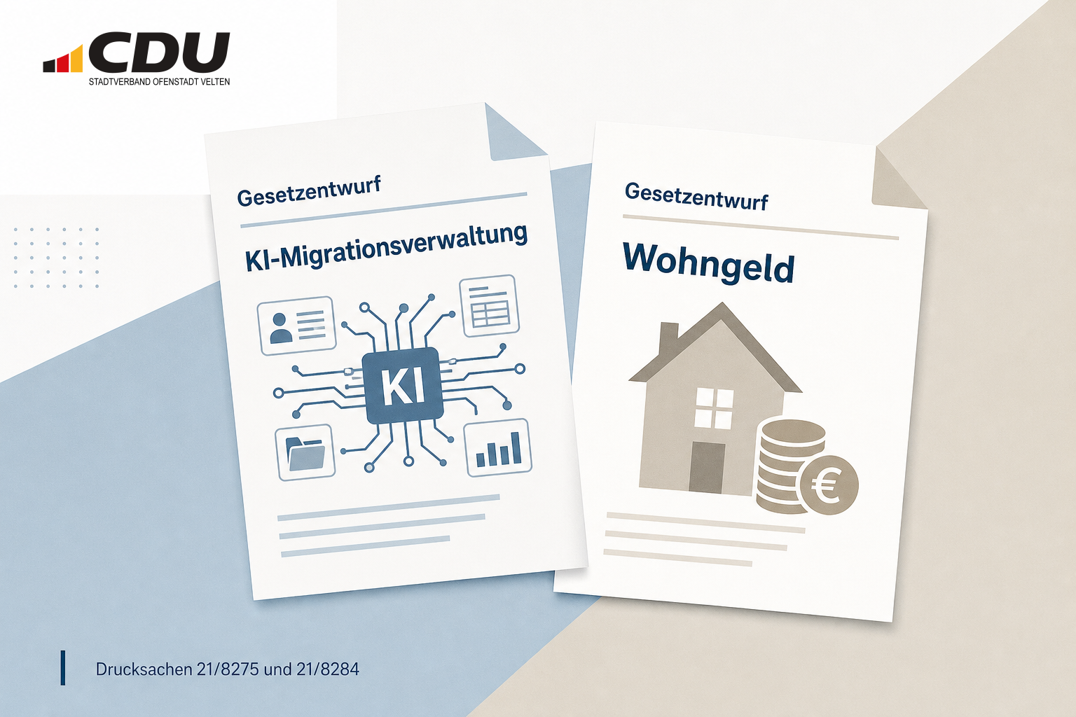 Redaktionelle Grafik mit zwei stilisierten Gesetzesvorlagen zu KI in der Migrationsverwaltung und zur Wohngeldreform.