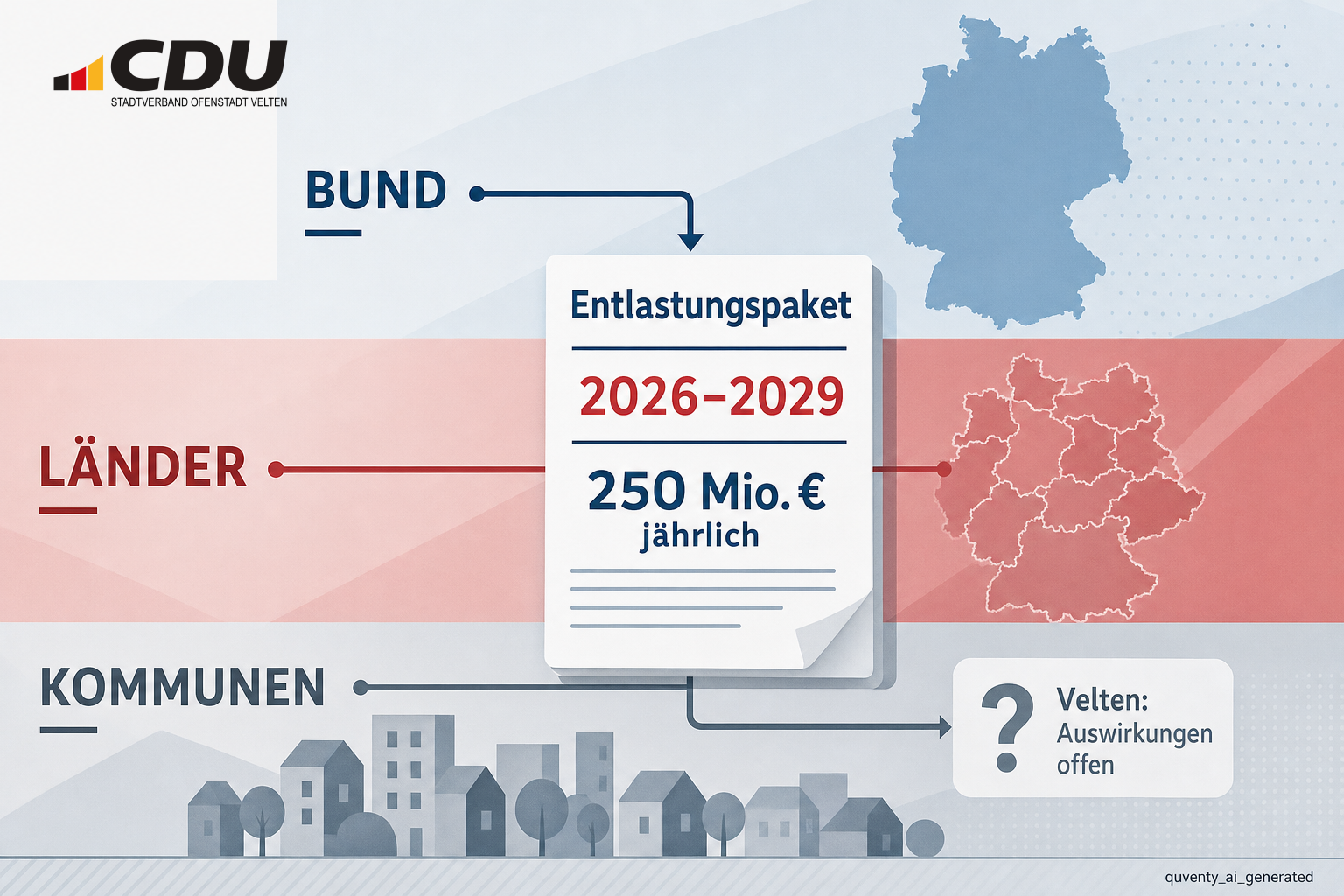 Redaktionelle Grafik zum Länder- und Kommunalentlastungsgesetz mit abstrakten Ebenen für Bund, Länder und Kommunen sowie den Angaben 2026 bis 2029 und 250 Millionen Euro jährlich; Auswirkungen für Velten sind offen.