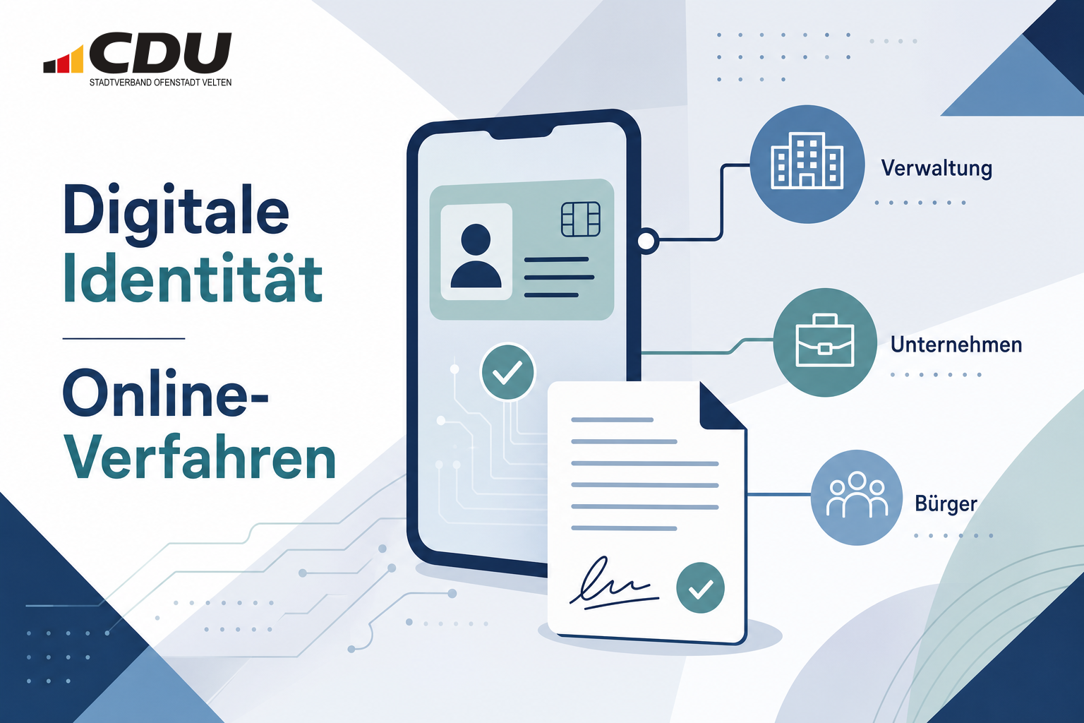 Redaktionelle Grafik mit einem stilisierten Smartphone, einem digitalen Identitätsnachweis und einem Dokument als Symbole für digitale Identität und notarielle Online-Verfahren.