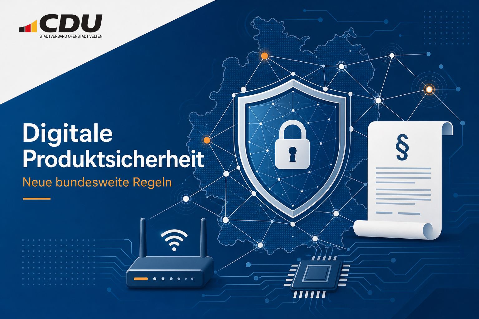 Redaktionelle Grafik zu neuen bundesweiten Regeln für digitale Produktsicherheit mit Schutzschild, Netzwerkverbindungen und technischen Komponenten.