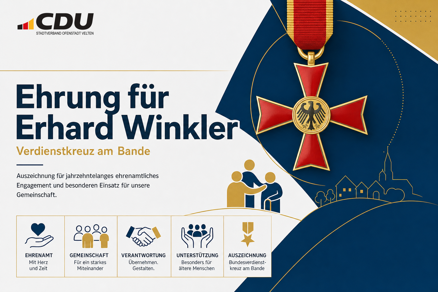 Redaktionelle Grafik mit einem stilisierten goldenen Verdienstkreuz zur Ehrung des ehrenamtlichen Engagements von Erhard Winkler.